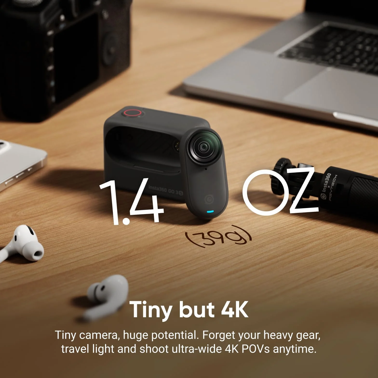 Insta360 GO 3S 128GB – mała przenośna kamera do vlogowania 4K, bez użycia rąk, mocowanie w dowolnym miejscu, stabilizacja, żywotność baterii 140 min, wodoodporność 10 m, edycja AI, czarna