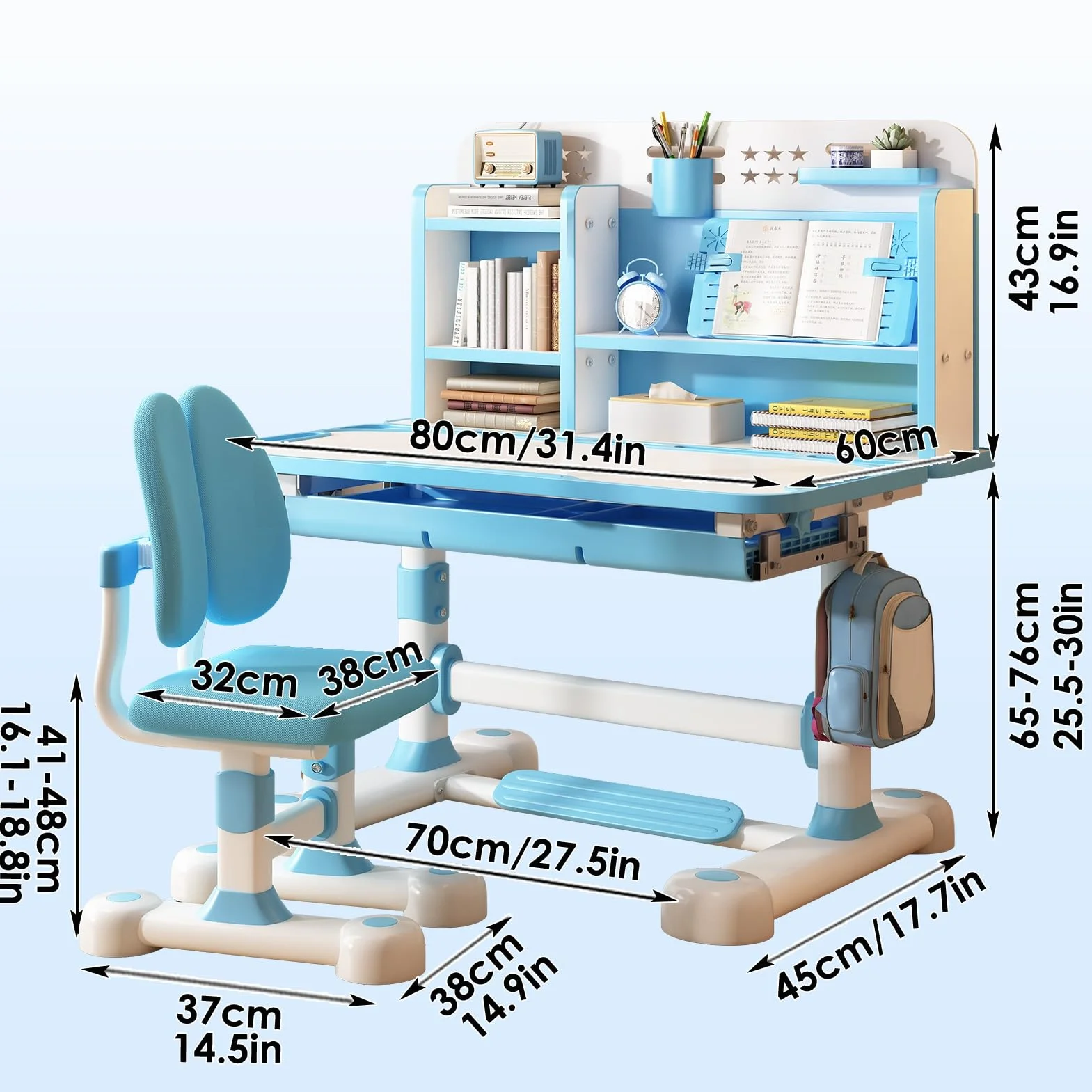 Table et chaises pour enfants avec bureau élargi de 80 cm, chaise de bureau pour enfants, correcteur de posture et soutien dorsal, table d'étude à hauteur réglable pour lecture/devoirs, bureau pour