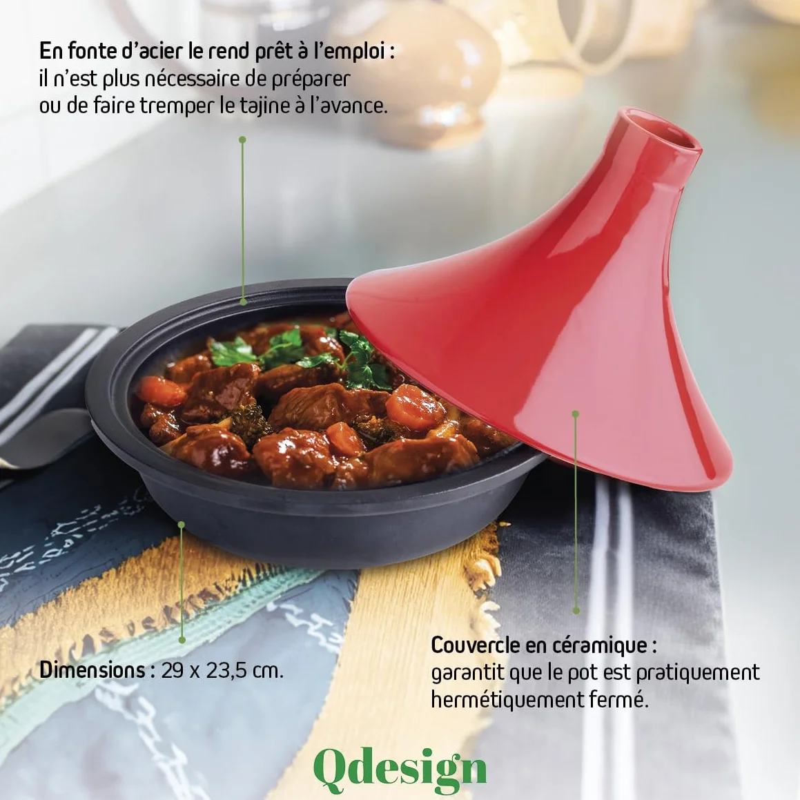Qdesign - Tajine en fonte Ovale 29 cm - Contenance 2,4 L - Couvercle en céramique - Convient pour Induction - Passe au Four - Rouge
