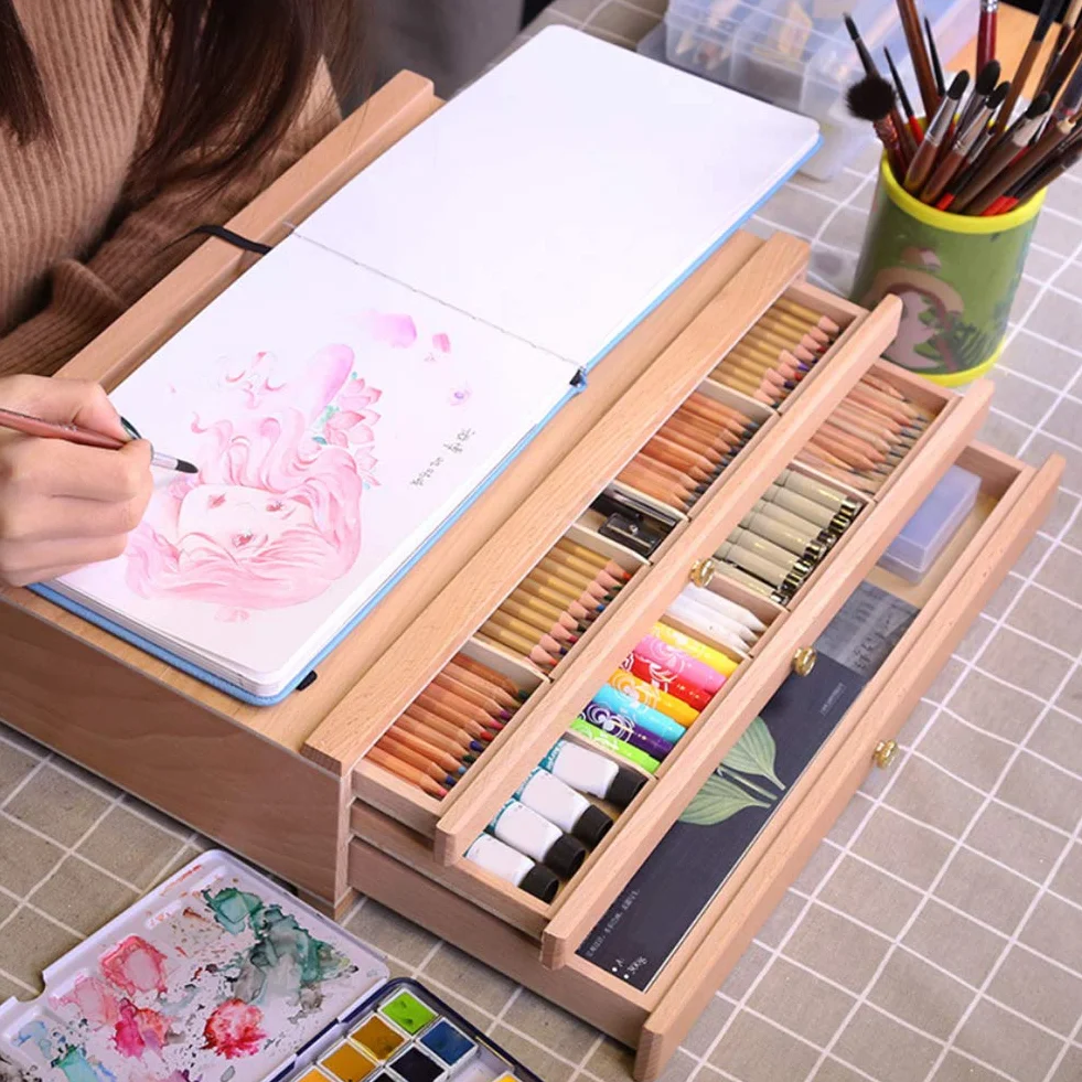 Outil de dessin à 3 tiroirs, boîte de rangement en bois de hêtre pour artistes, organiseur d’accessoires de peinture pigmentaire pour pastels crayons stylos marqueurs
