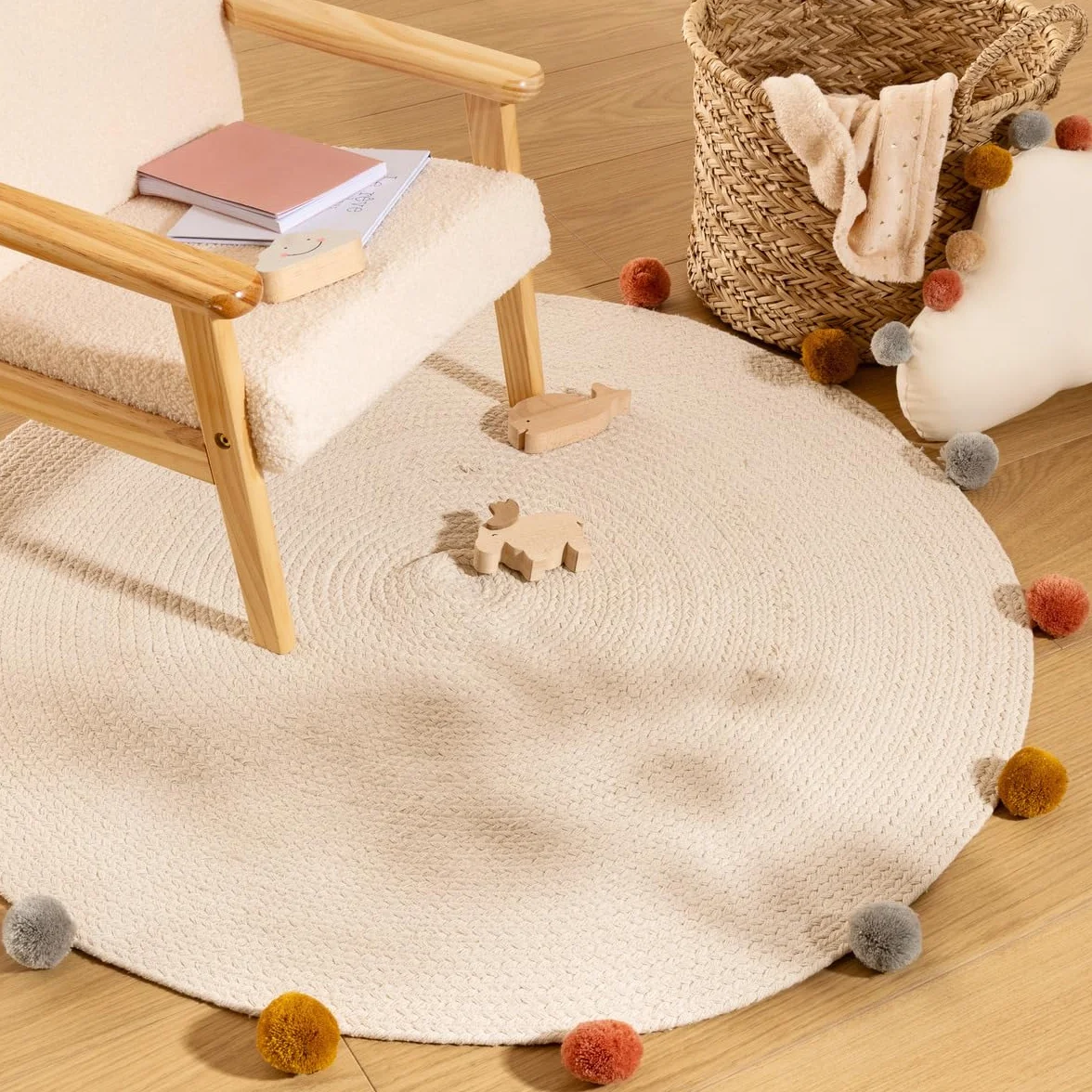 Atmosphera Tapis Enfant Coton Pompons Beige D90 cm