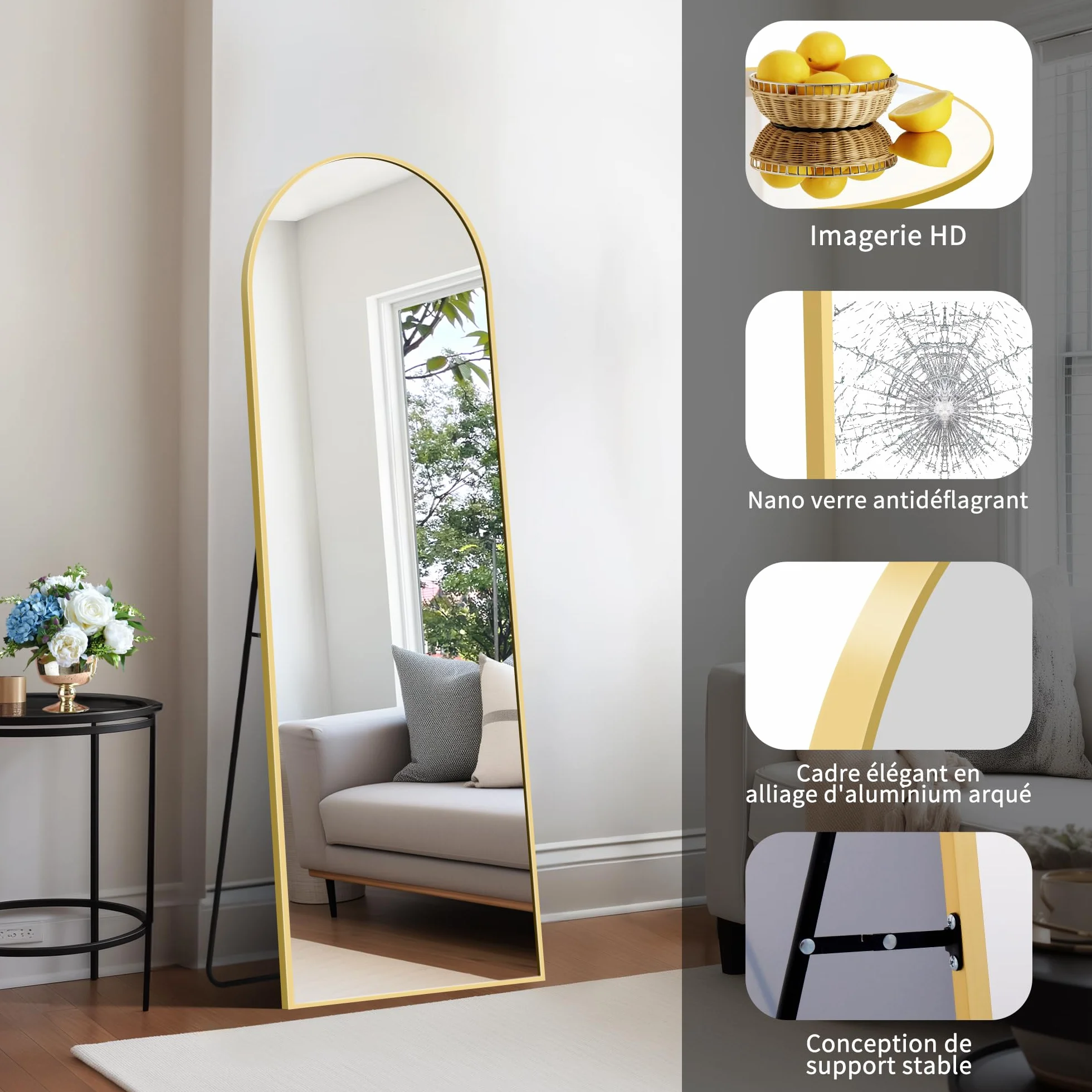 KOCUUY Miroir sur Pied Arqué, 150 x 40 cm Grand Miroir Mural avec Cadre en Aluminium Doré à Suspendre, à Poser, à Appuyer, pour Salon, Chambre, Couloir