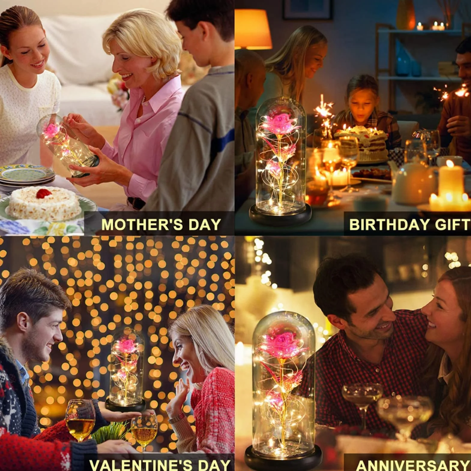 Rose Eternelle sous Cloche Galaxy Rose La Belle et la Bête avec LED Lumières Cadeau Fête des Mères pour Femmes