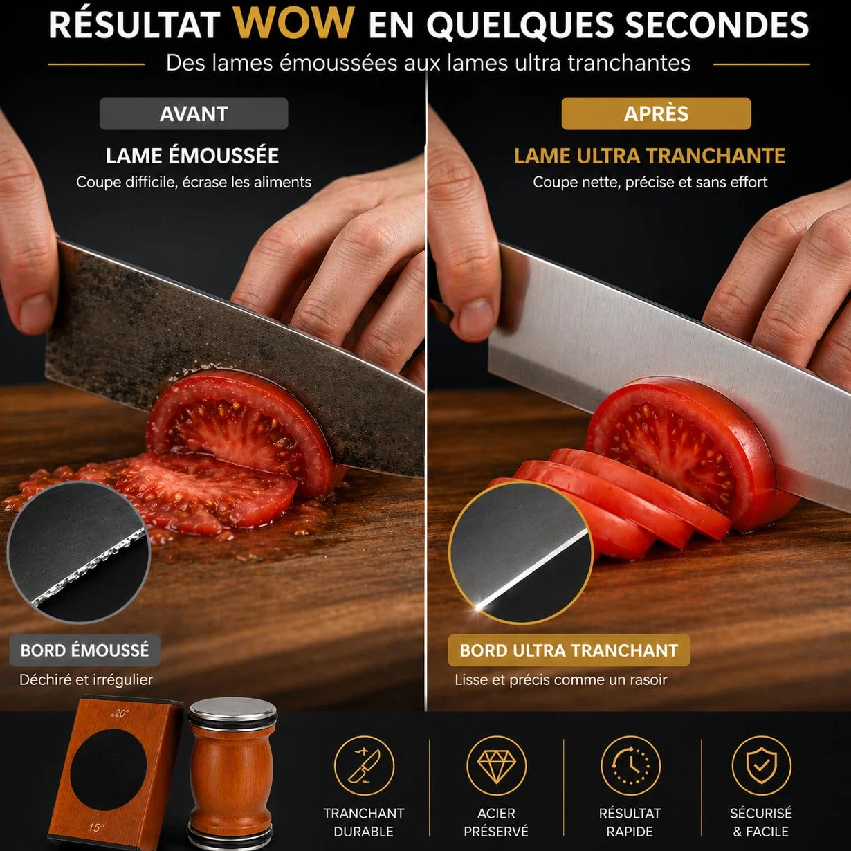 OXARYO Affûteur Couteaux Professionnel Manuel à Rouleau Disque Diamant Acier Inox Angle 15° 20° Bois Premium