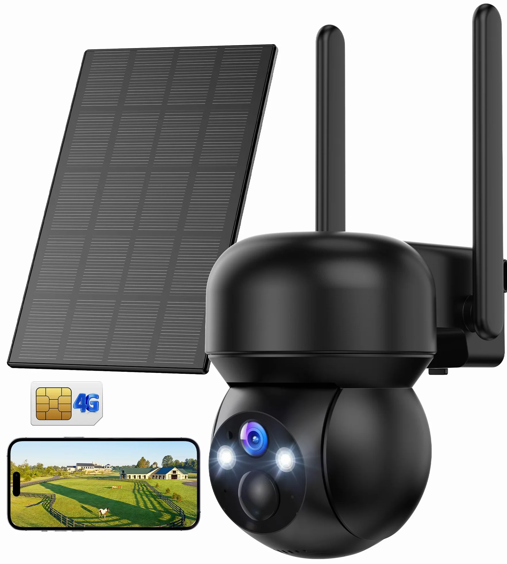 Kamera monitoringowa 4G LTE, zewnętrzna bateria solarna, 2K, kamera monitorująca na zewnątrz, z kartą SIM, bezprzewodowa kamera IP, do użytku na zewnątrz, bez Wi-Fi, obracana o 336°/90°, z wykrywaniem