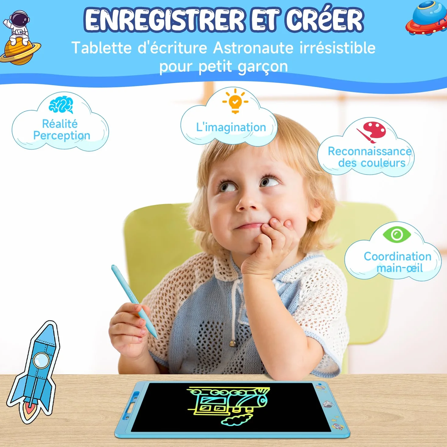 Electight Tablette d'écriture pour Enfants 16 Pouces LCD avec Verrouillage D'effacement Cadeau Filles Garçons 2-8 Ans Bleu