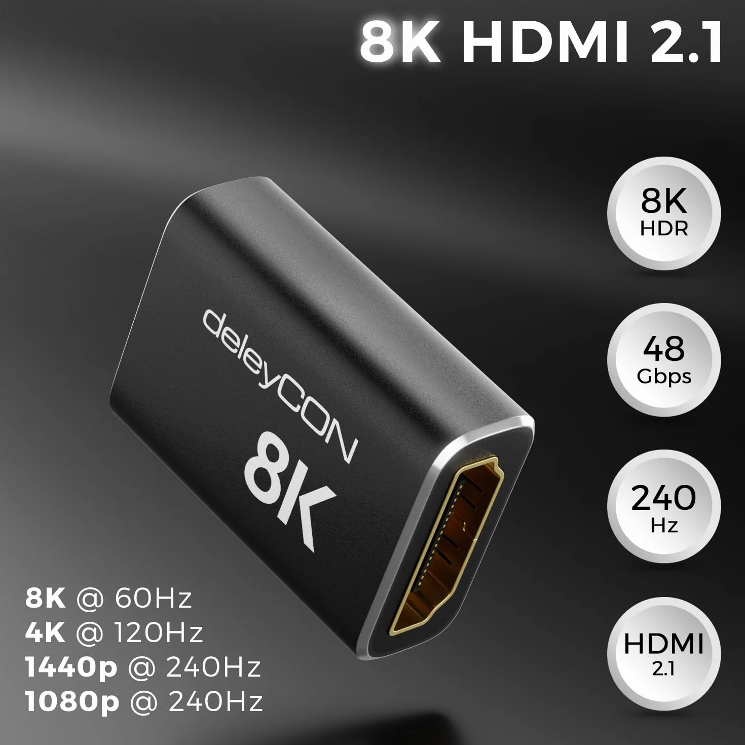 deleyCON 2 Szt. Złączka HDMI 2.1 8K (48G, Ultra High Speed) - Adapter 8K@60Hz, 4K@120Hz, 2K@144Hz/165Hz, EARC, HDCP 2.3/2.2, DTS:X - do HDR Dolby Atmos, TV, PS5, Xbox, Soundbara, Monitora - Czarny