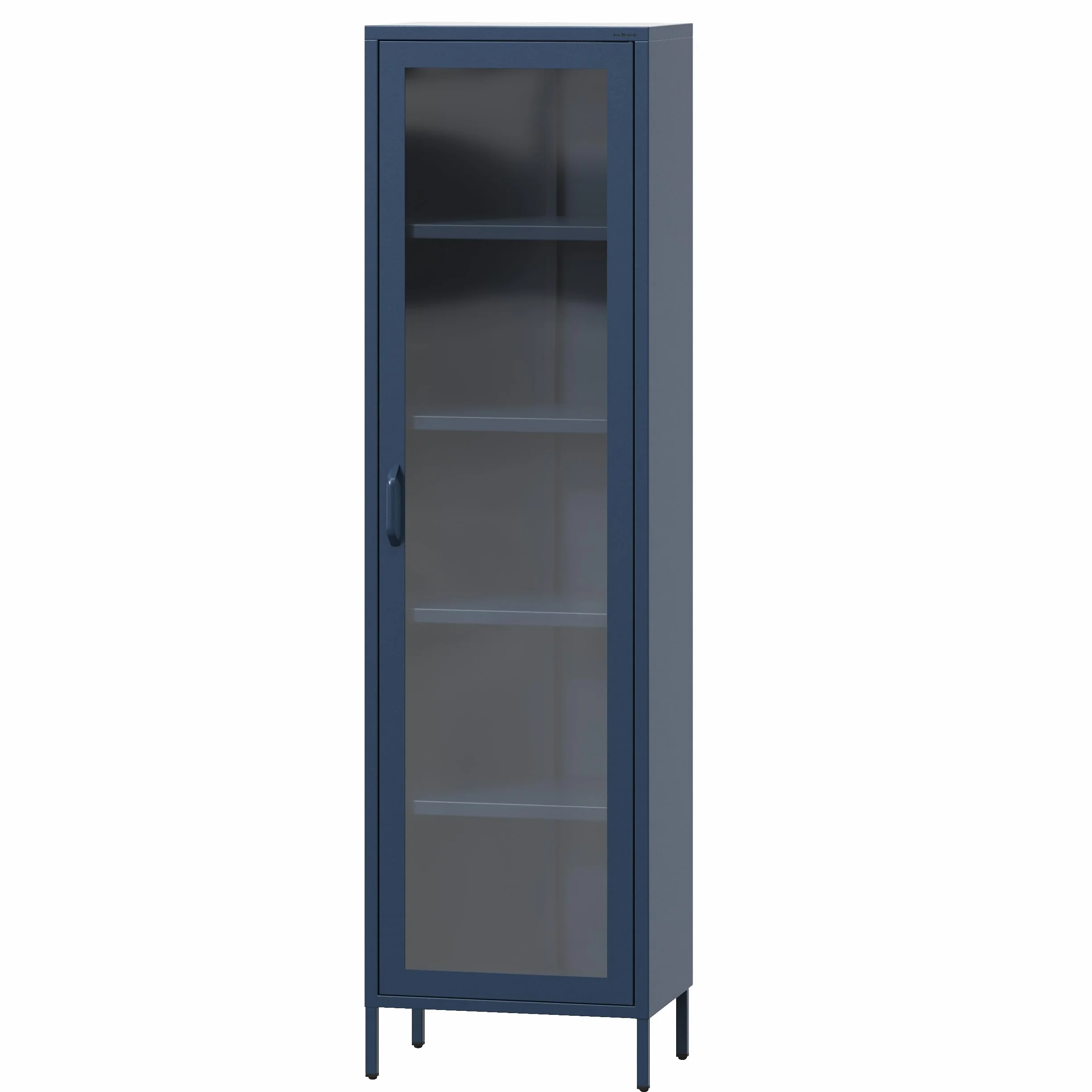 Jan Nowak Luigi Armoire vitrine à 1 Porte - 50 x 180 x 35 cm - 4 étagères réglables - Verre trempé - Montage Mural - Vitrine en Verre Debout - Armoire de Salon Scintillante - Bleu foncé