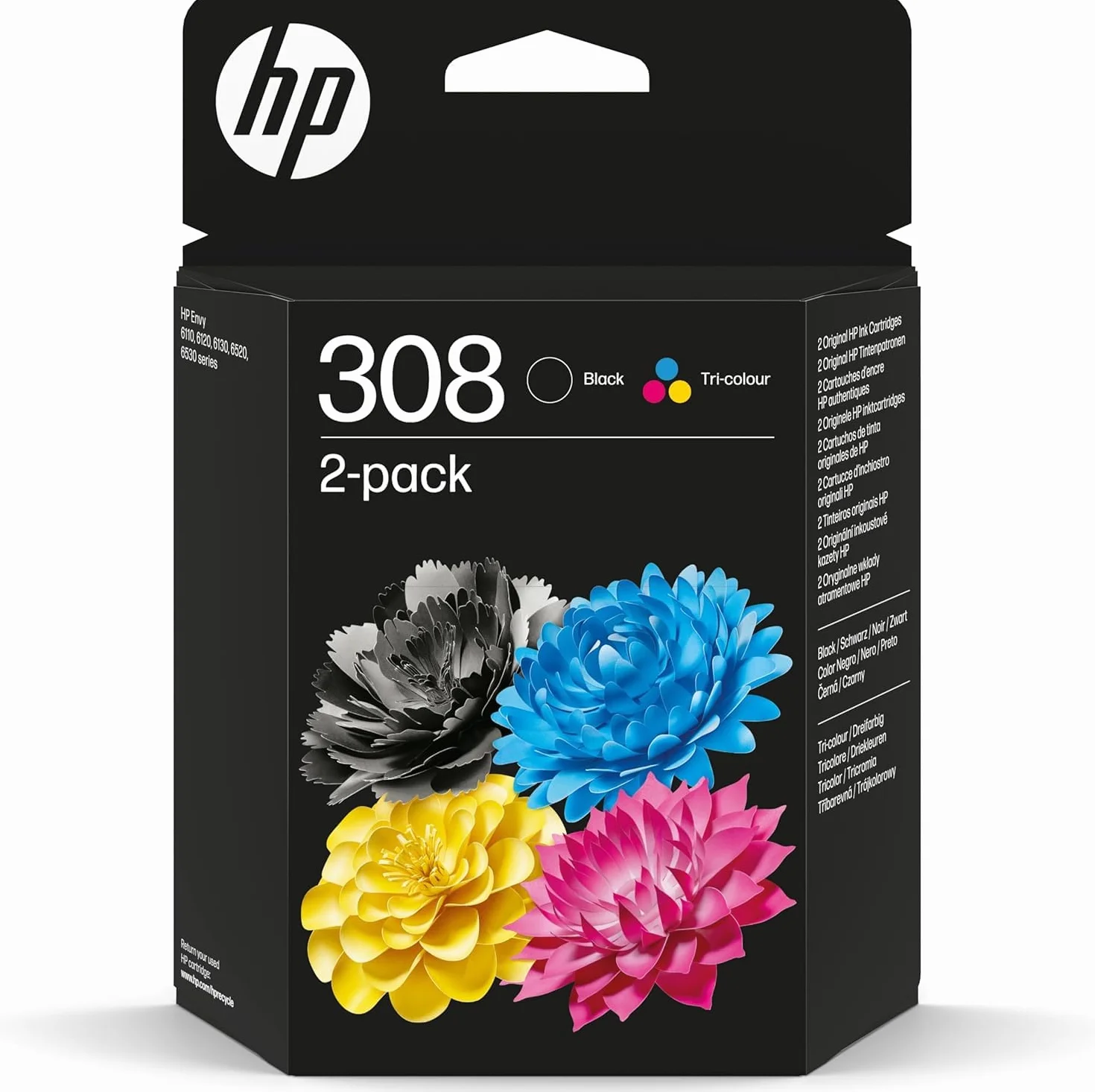 HP Podwójny zestaw trójkolorowych/czarnych tuszów 308