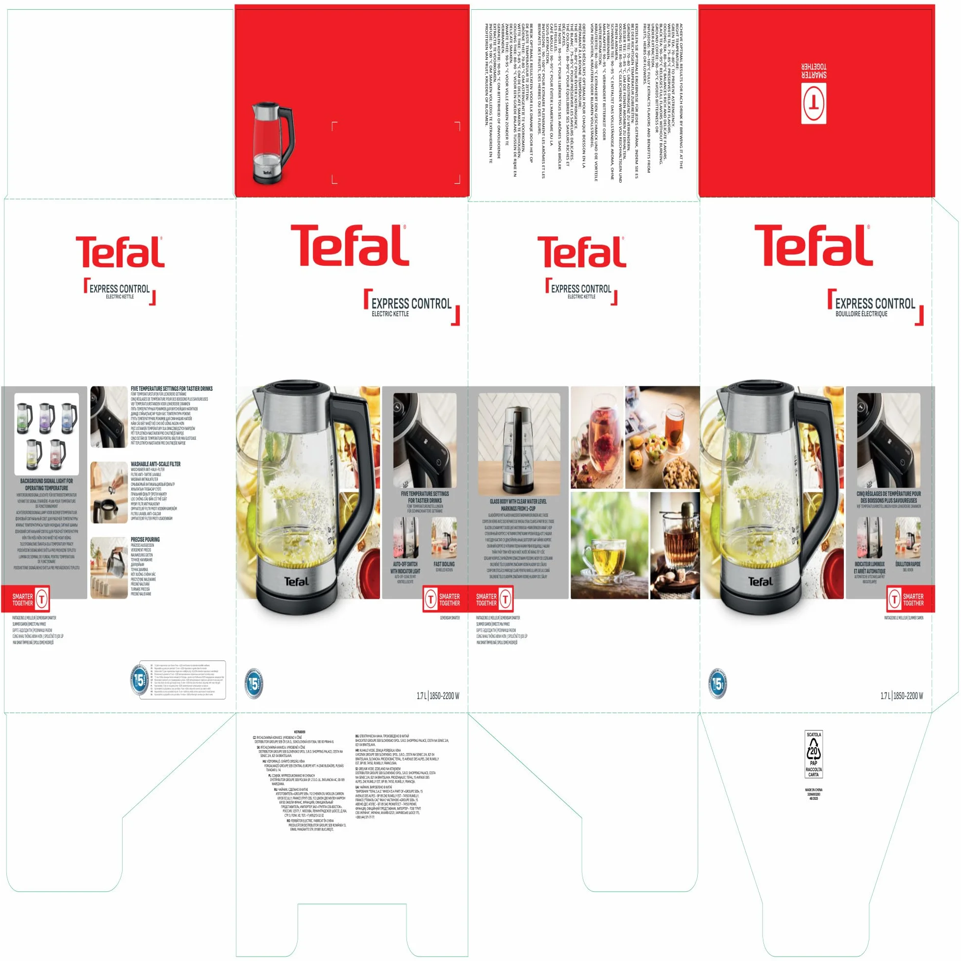 Tefal Express, Bouilloire en verre électrique, Réglages sur la poignée, 1,7 L, 5 niveaux de température, Suivi en temps réel, KO760DE0