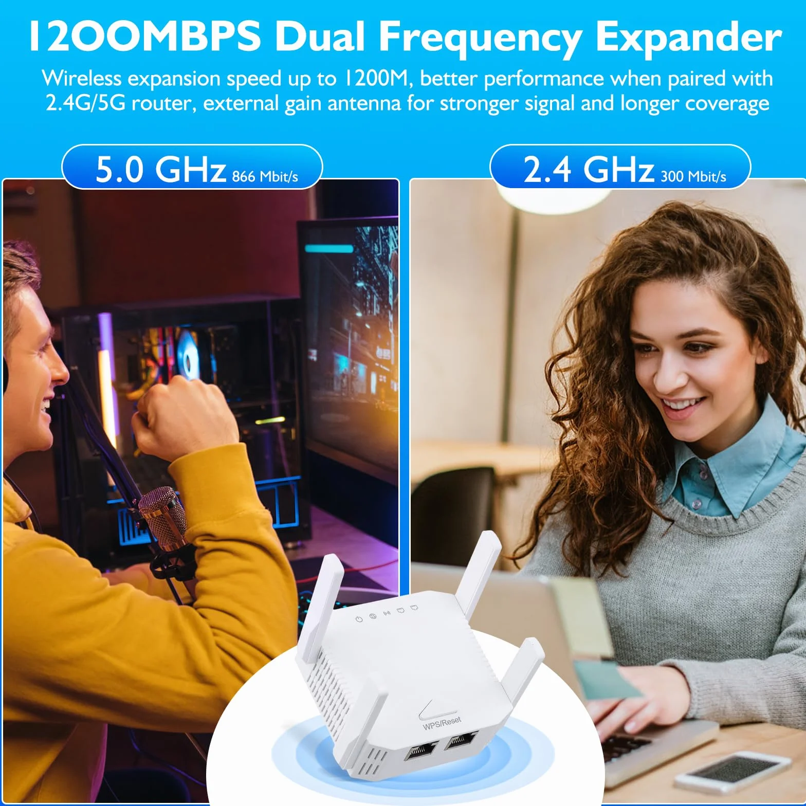 Potężny repeater WiFi 1200 Mb/s, dwuzakresowy wzmacniacz WiFi 2,4 GHz i 5 GHz, tryb repeatera/AP/router, 4 anteny zewnętrzne, przedłużacz Wi-Fi z portem Ethernet do domu i biura