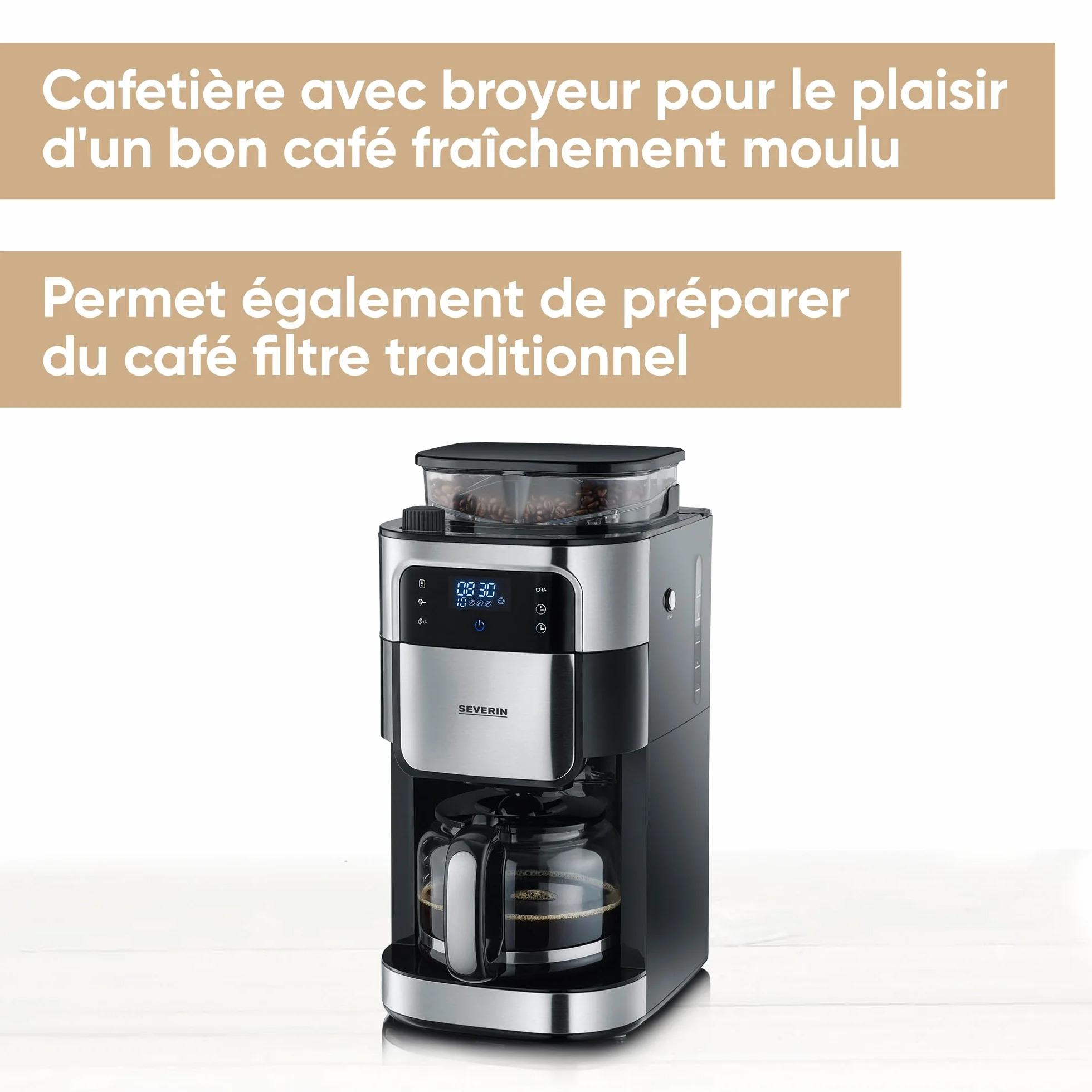 SEVERIN Cafetière Filtre Avec Broyeur, 1 000W, 1,4L, Jusqu'à 10 tasses, Sélecteur d'arôme, Ecran tactile, Inox Brossé/Noir,KA 4813, 43.50
