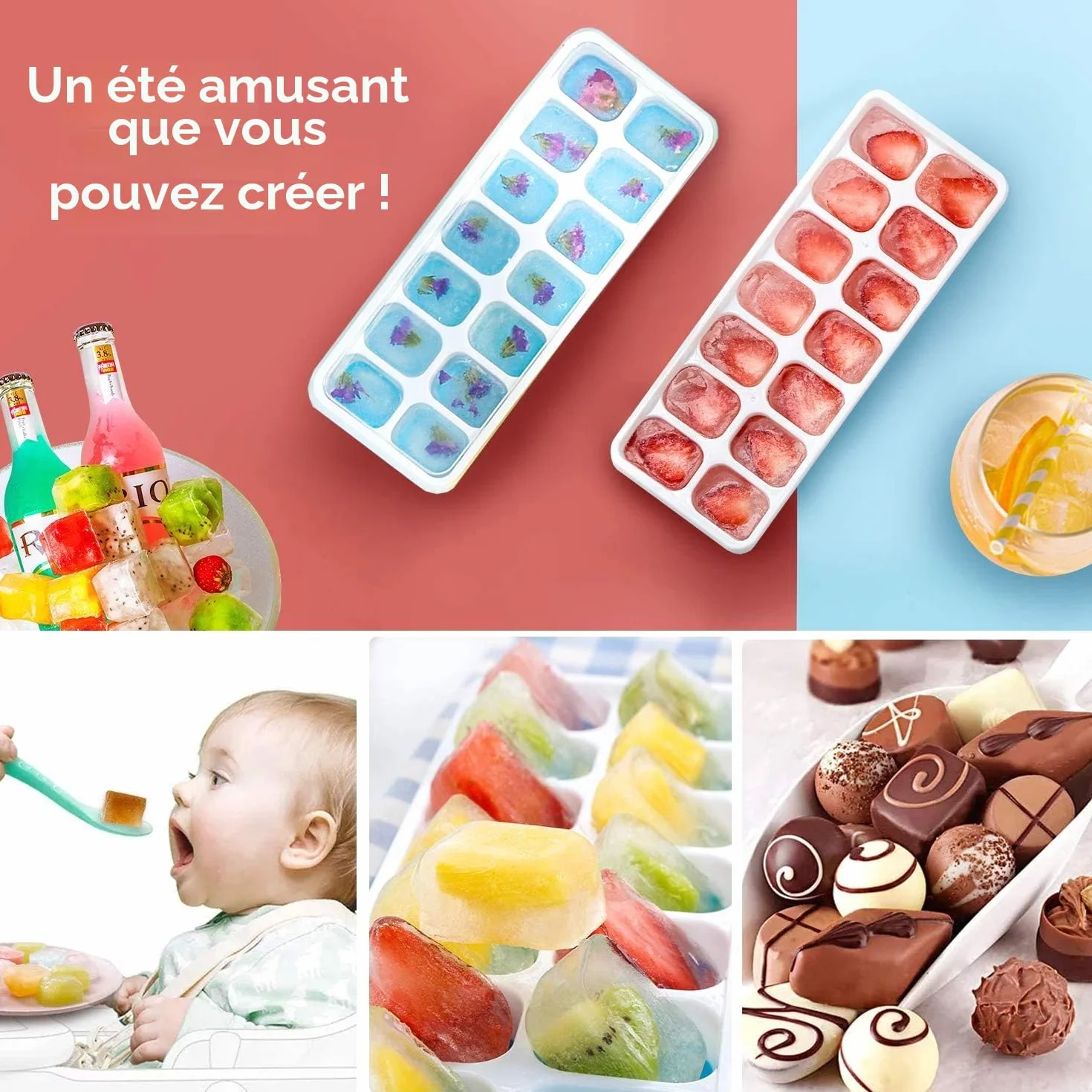 Airabc Lot de 4 bacs à glaçons en silicone avec couvercle, certifié LFGB sans BPA, carrés faciles à retirer Bleu/Vert