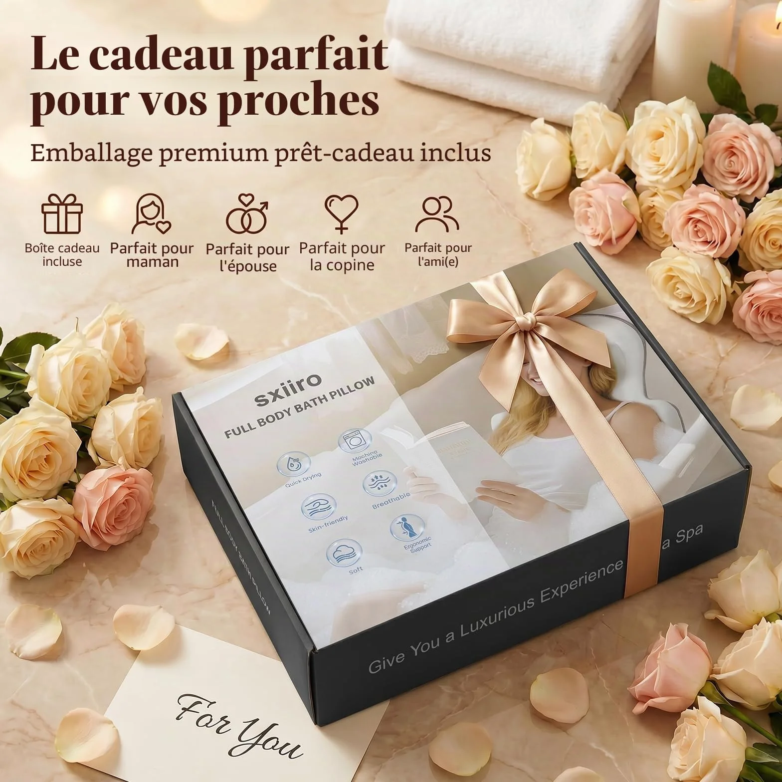 Coussin de bain Sxiiro, luxueux coussin de bain avec 192 ventouses, pour le soutien de la tête et du cou, blanc, 129,5 x 40,6 cm