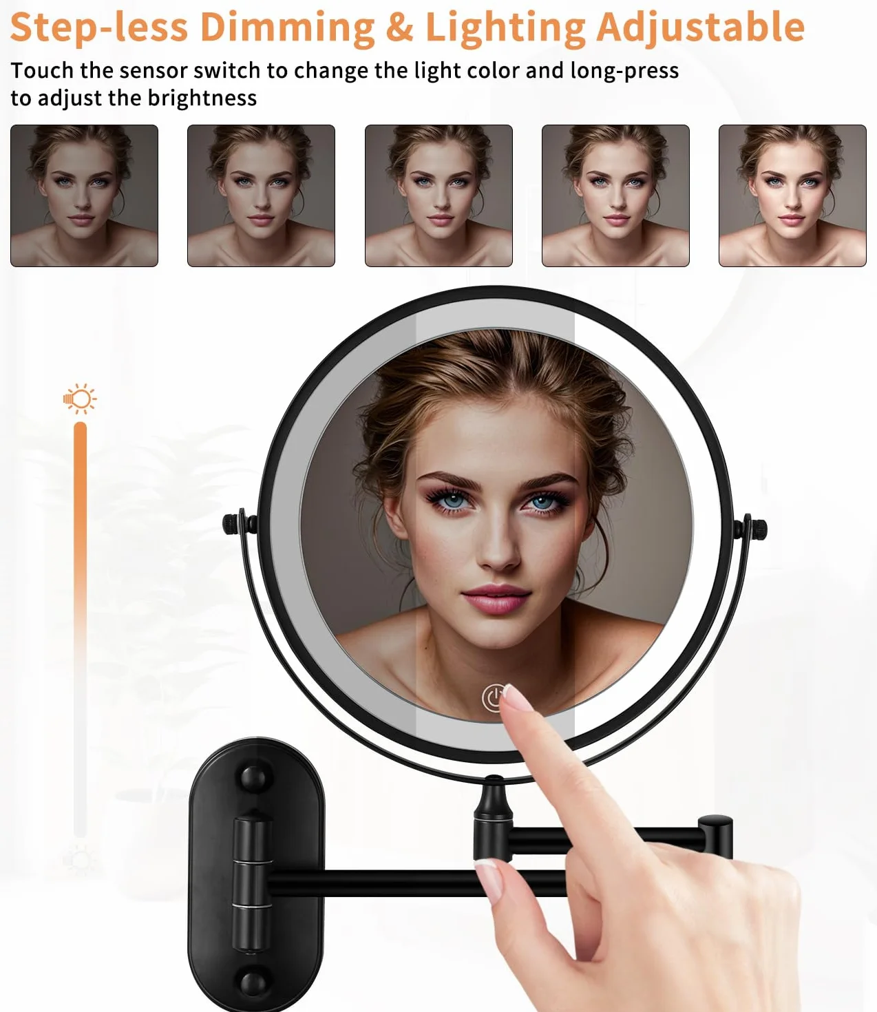 Jutyum Miroir cosmétique mural avec grossissement 1X/10X - Éclairage LED - Miroir de maquillage mural avec éclairage variable - 3 couleurs - Noir