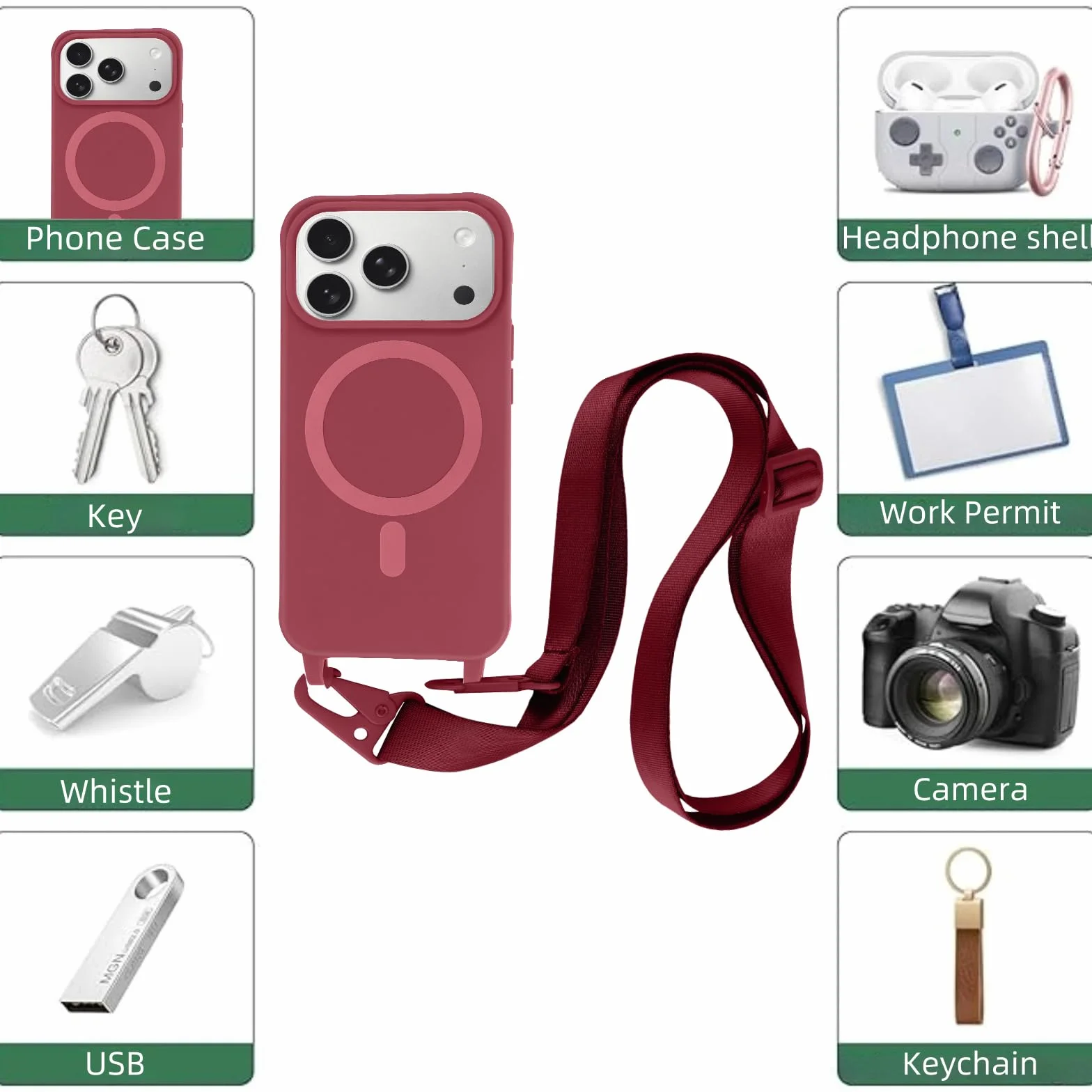 Magnetyczne etui na iPhone'a 17 Pro ze smyczą, miękkie silikonowe etui antywstrząsowe z regulowanym paskiem na szyję naszyjnik łańcuszek na szyję sznurek do iPhone'a 17 Pro 6.3", czerwony