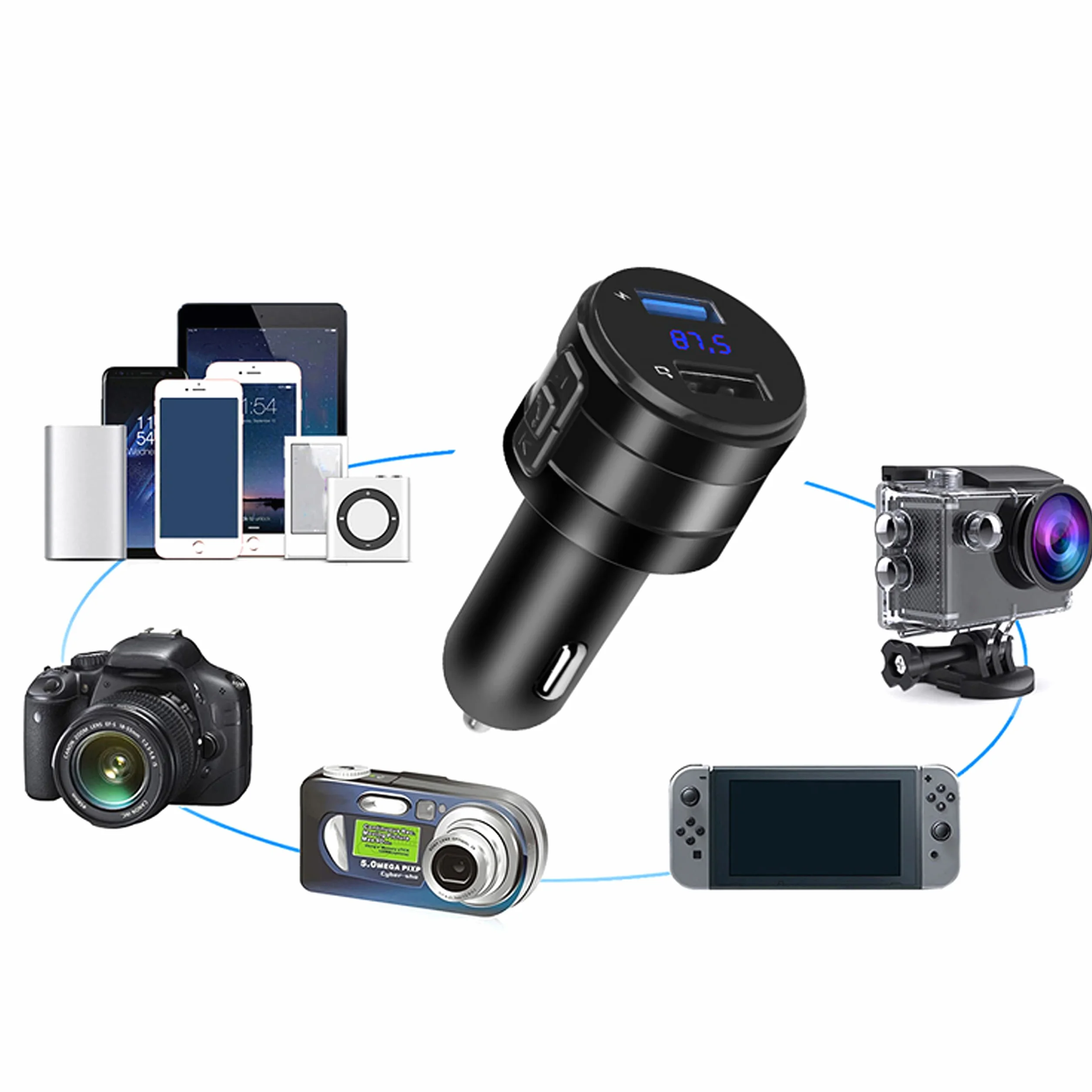 Retoo Adapter Bluetooth, Nadajnik FM Samochodowy, Bezprzewodowy QC 3.0, Szybka Ładowarka, Adapter do Radia FM z Wyświetlaczem i Zestawem Głośnomówiącym