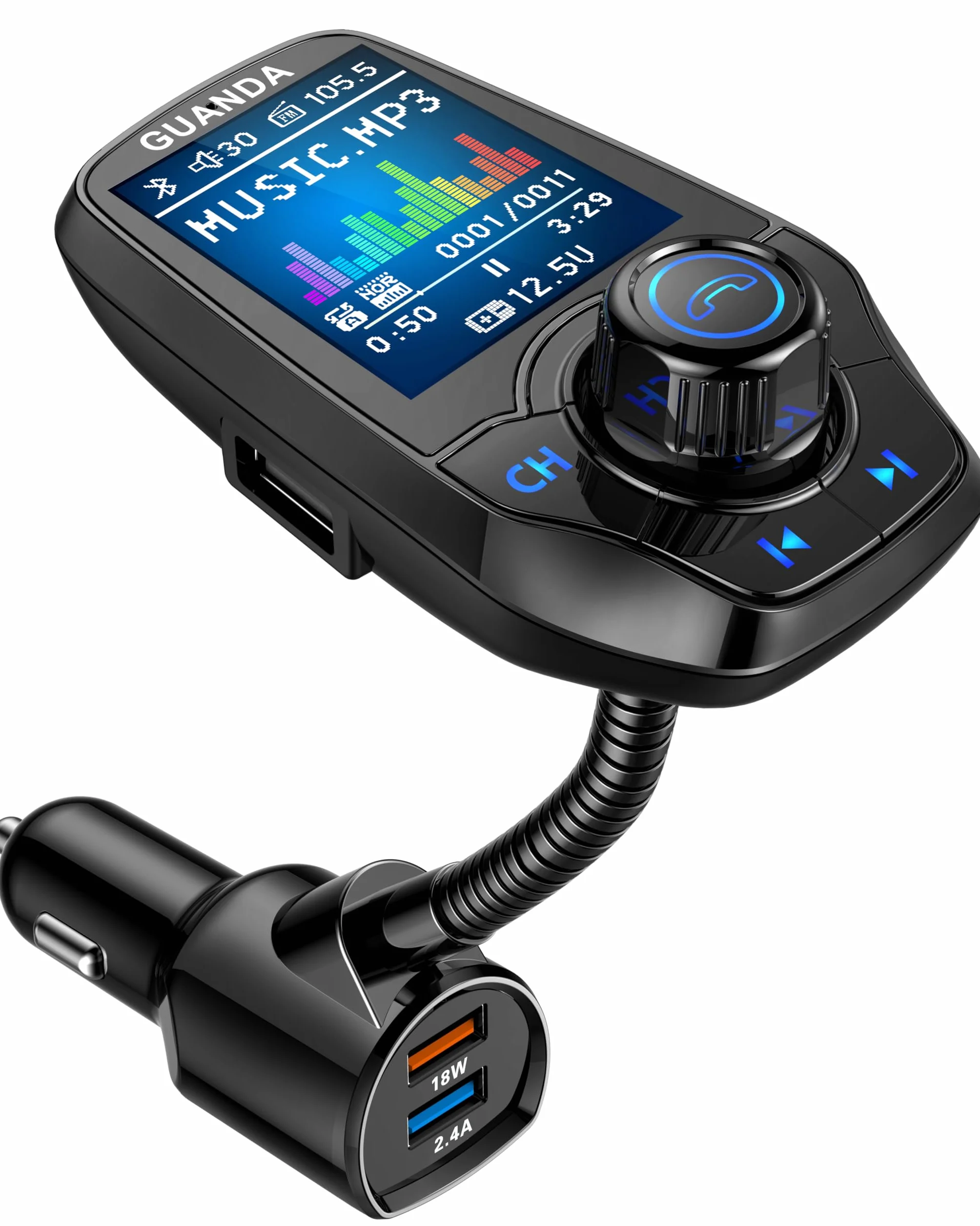Bluetooth FM Transmitter for Car, Bluetooth Car Adapter, 4-in-1 Car MP3 Player with 1.8 Inch Color Display, AUX Input/Output, 3 Port USB, S Handsfree Call, SD/TF Card, USB Disk,QC3.0,5 EQ Modes