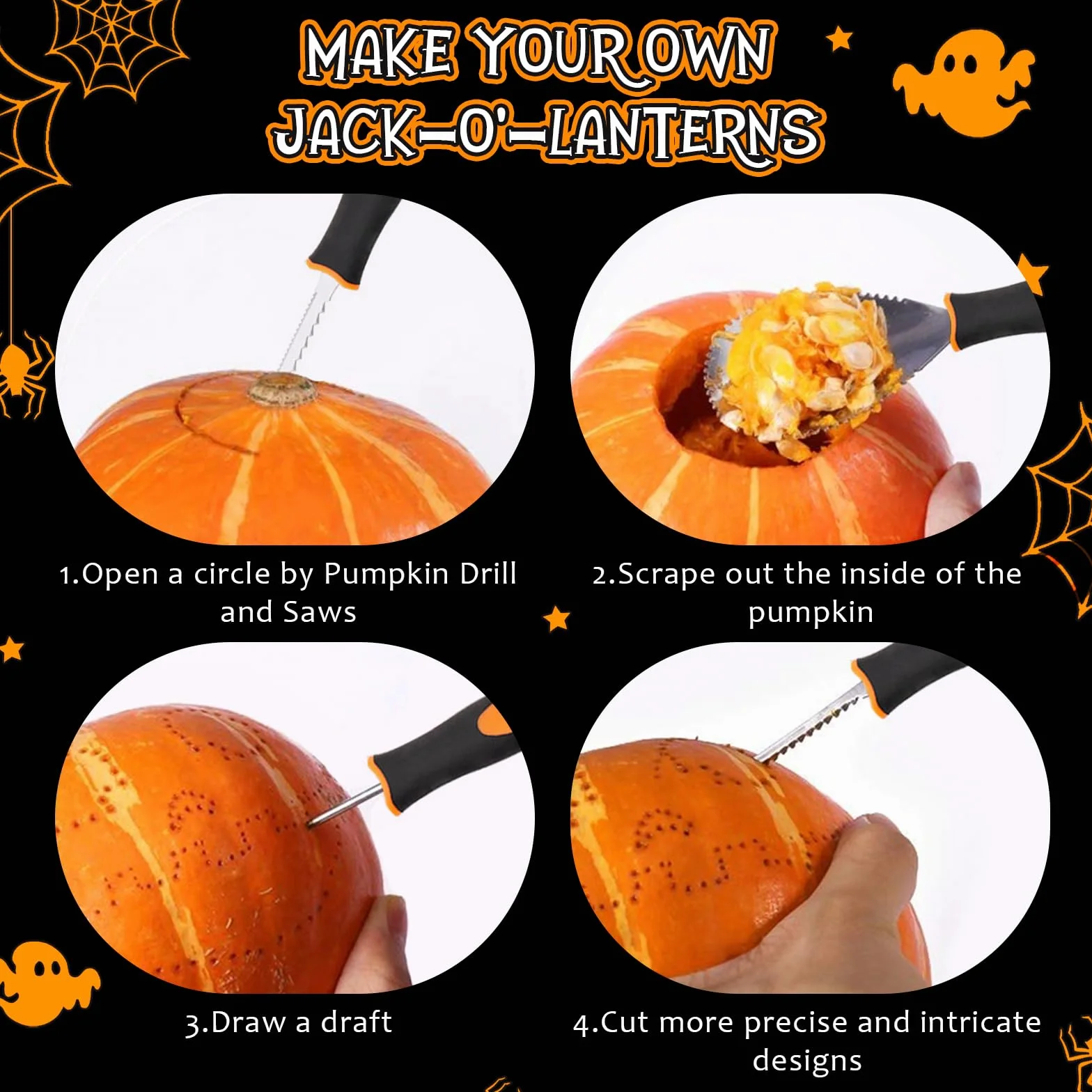 Kit sculpture citrouille 11 pièces acier inoxydable Halloween, couteau découper cuillère poignée ergonomique