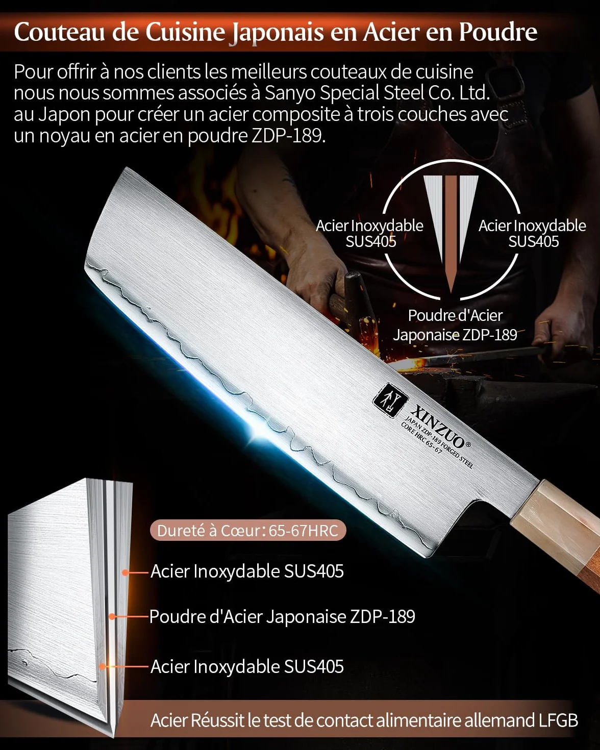 XINZUO Acier Japonais Couteau Nakiri 18.3cm Couteau de Cuisine, Forgé à la Main Couteau à Légumes Japonais ZDP-189 Acier, Lames Bien Tranchantes Couteau de Chef -Poignée en Bois de Fer du Désert