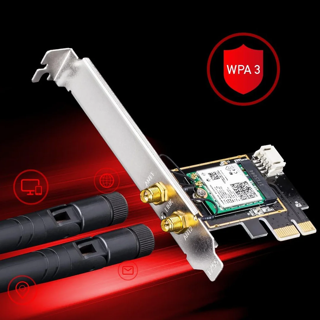 Cudy WE3000 AX 3000 Mbps bezprzewodowa karta WiFi 6 PCIe do komputera, moduł Bluetooth 5.0 wewnątrz, 2402 Mb/s 574 Mbps, Bluetooth 5.0/4.2/4.0, 802.11ax/ac/a/b/g/n Windows 10 64-bit czarny