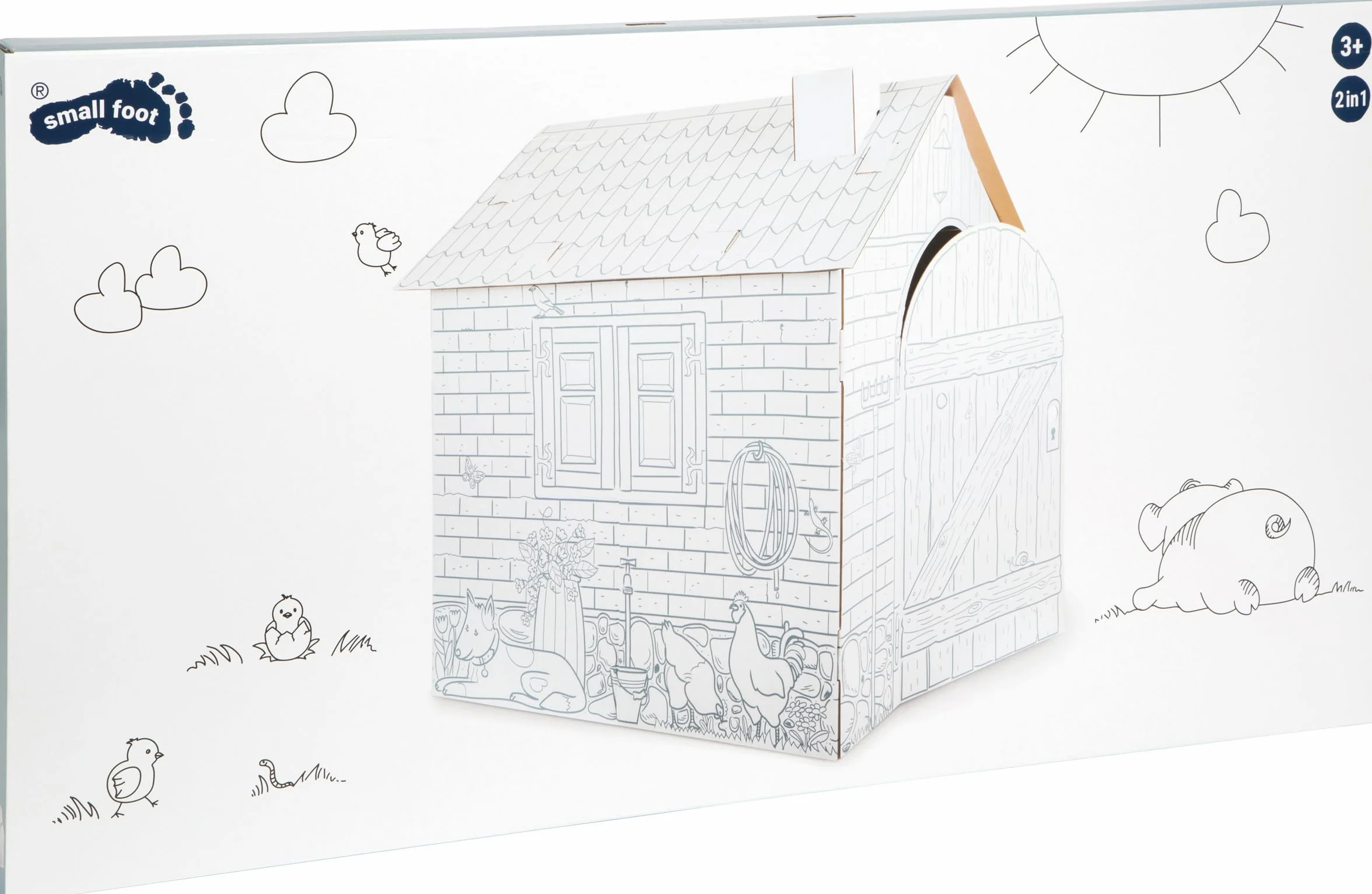 Small Foot Maison de Jeu Ferme en Carton à Colorier avec Crayons Gras Feutres Blanc