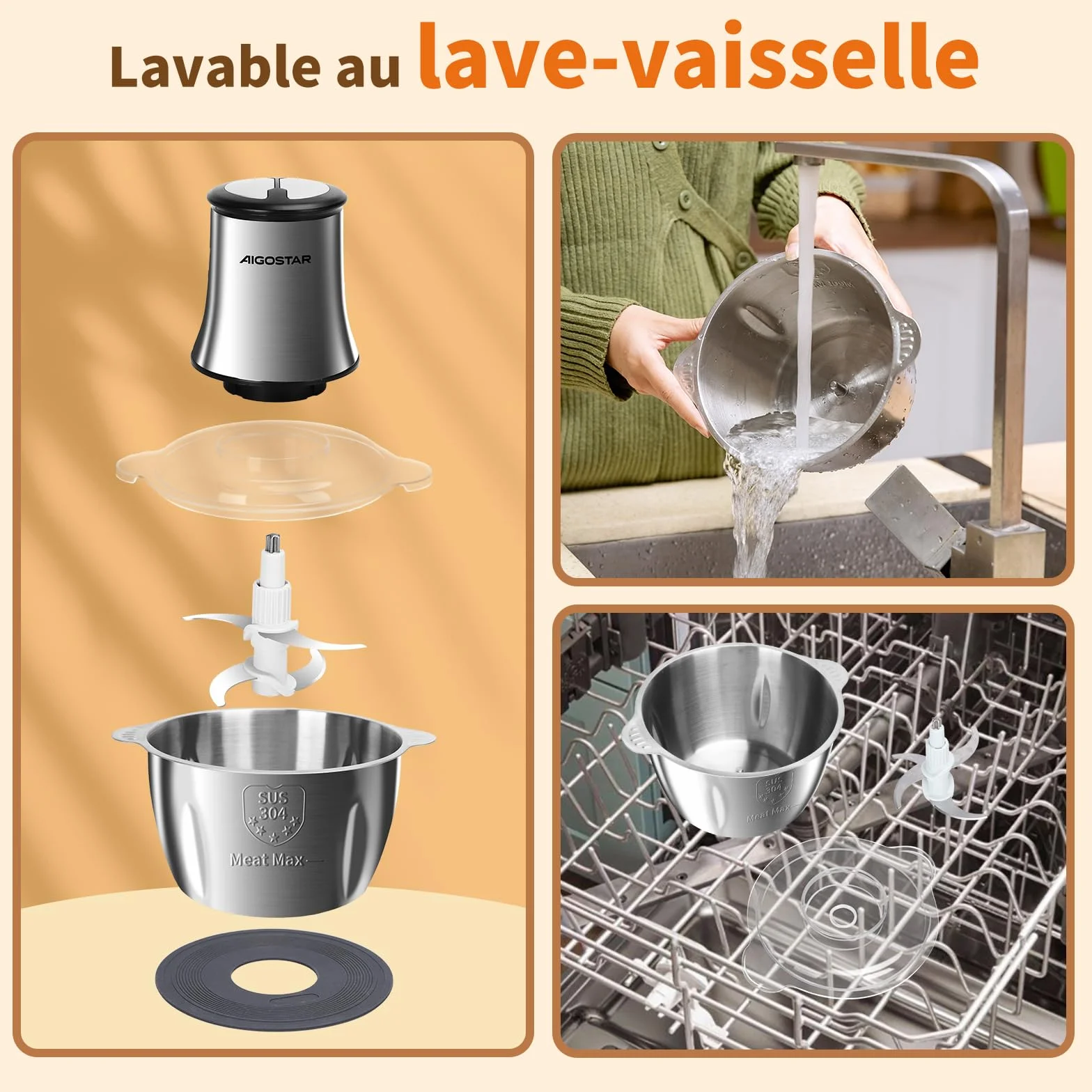 Aigostar Flor - Hachoir Électrique 500W avec Bol Inox 1.8L et 4 Lames. Mini Hachoir à Viande, Mixeur Multifonction 2 Vitesses pour Repas Bébé. Inclus Spatule, Sans BPA
