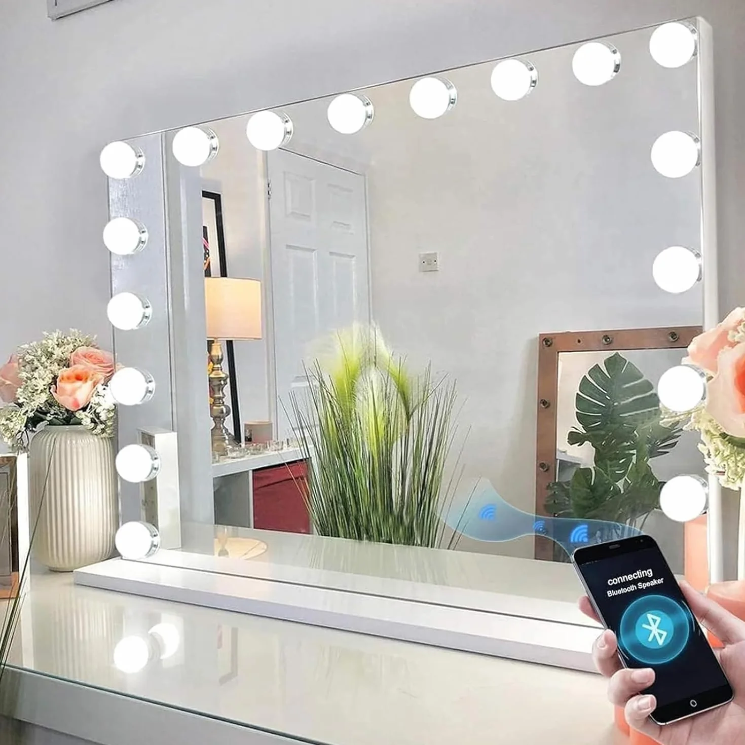 FENCHILIN Miroir Hollywood Bluetooth avec éclairage 18 Ampoules LED dimmable Grand Miroir de Maquillage avec éclairage Hollywood Miroir de Maquillage avec lumière Miroir grossissant 10x et USB