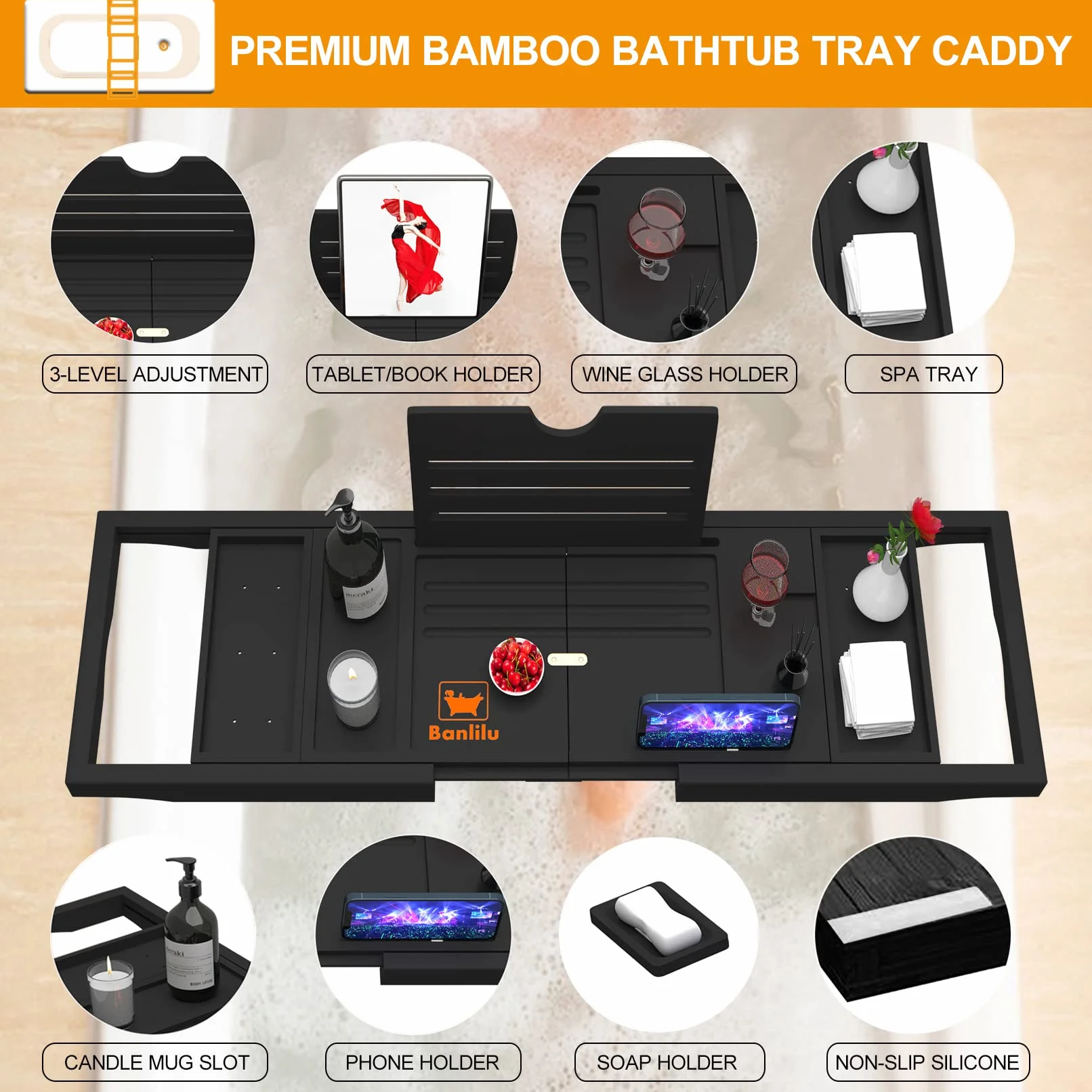 Plateau de Baignoire Extensible - Plateau de Salle de Bain Réglable - Plateau de Luxe