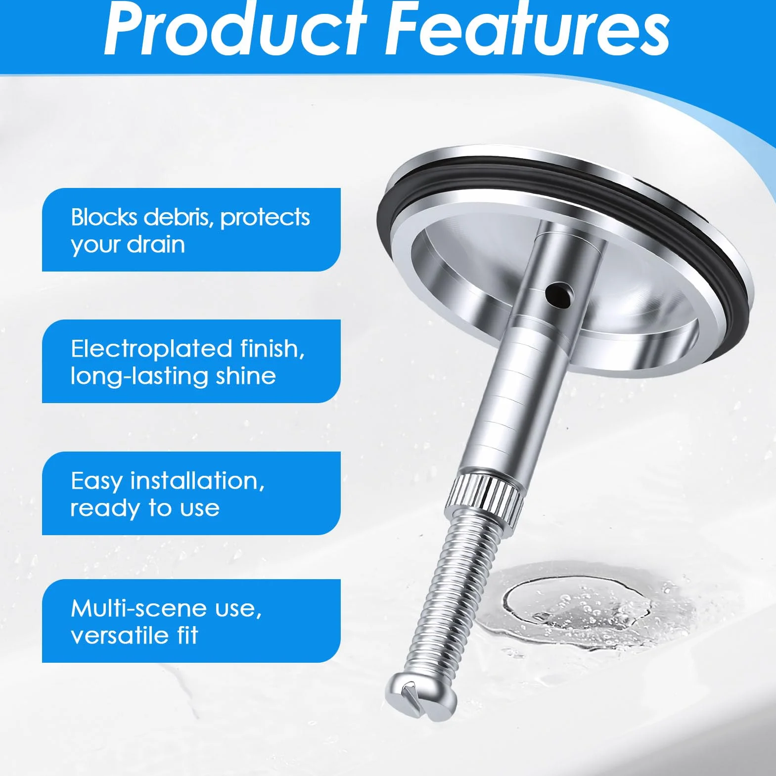 Bouchon Baignoire 43mm Double Joint d'Étanchéité Chromé Laiton pour Éviers Lavabos Standard Montage sans Outil Hauteur Réglable 45-70mm