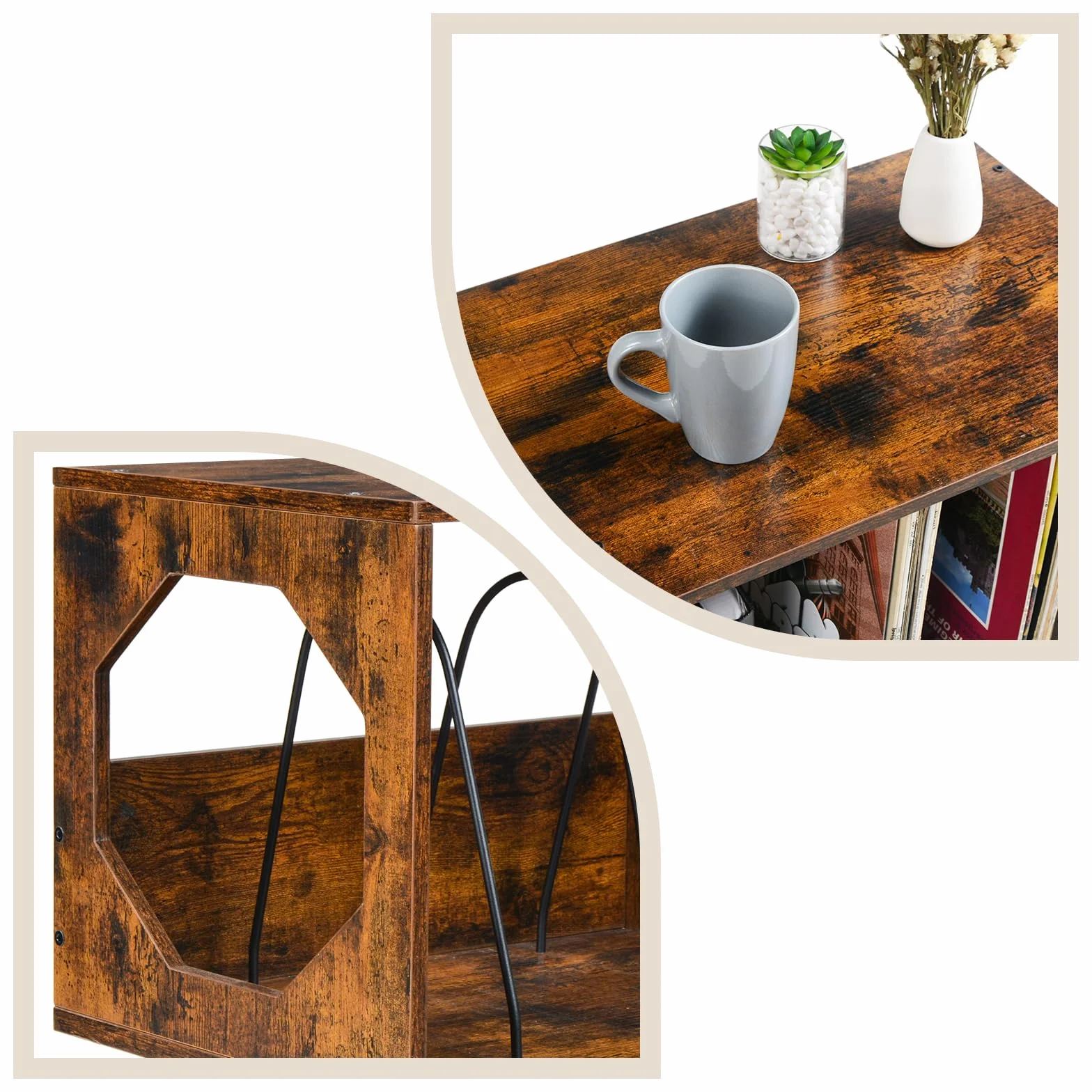 ikkle Support Rustique pour Platine Vinyle avec Pieds en Métal, Pouvant Contenir 150 Disques, Table de Rangement pour Disques Vinyles pour Chambre ou Salon (Marron)