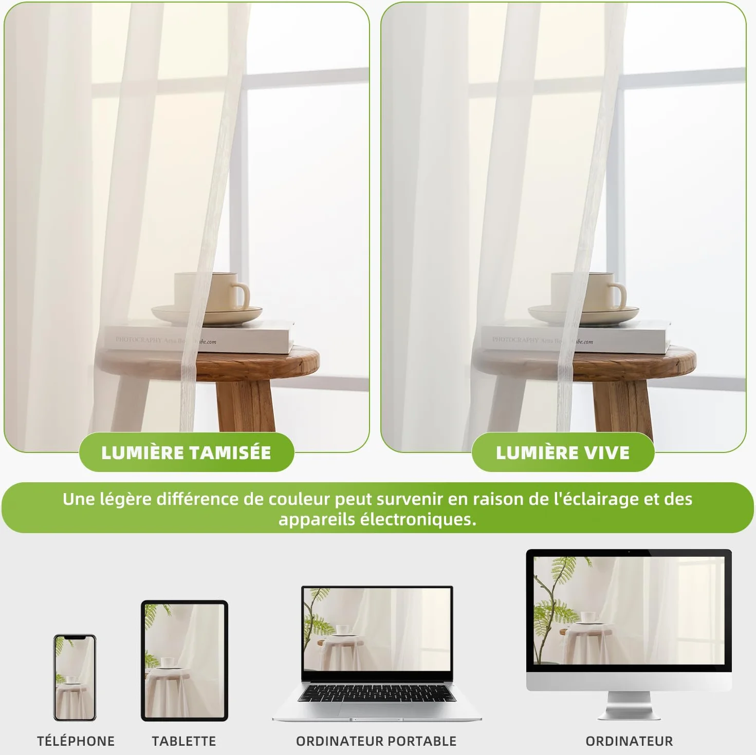 Lot de 2 Rideau Voilage Fenetre Beige 140x245 cm Transparent Moderne Cuisine Salon Chambre