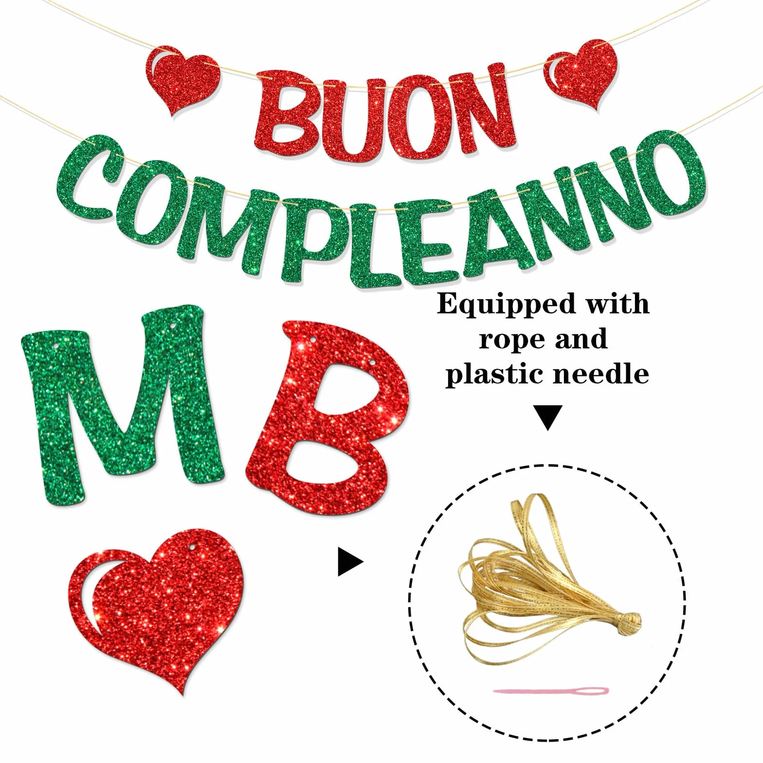 Bannière Buon Compleanno – Décorations de fête d'anniversaire italiennes – Paillettes rouges et vertes