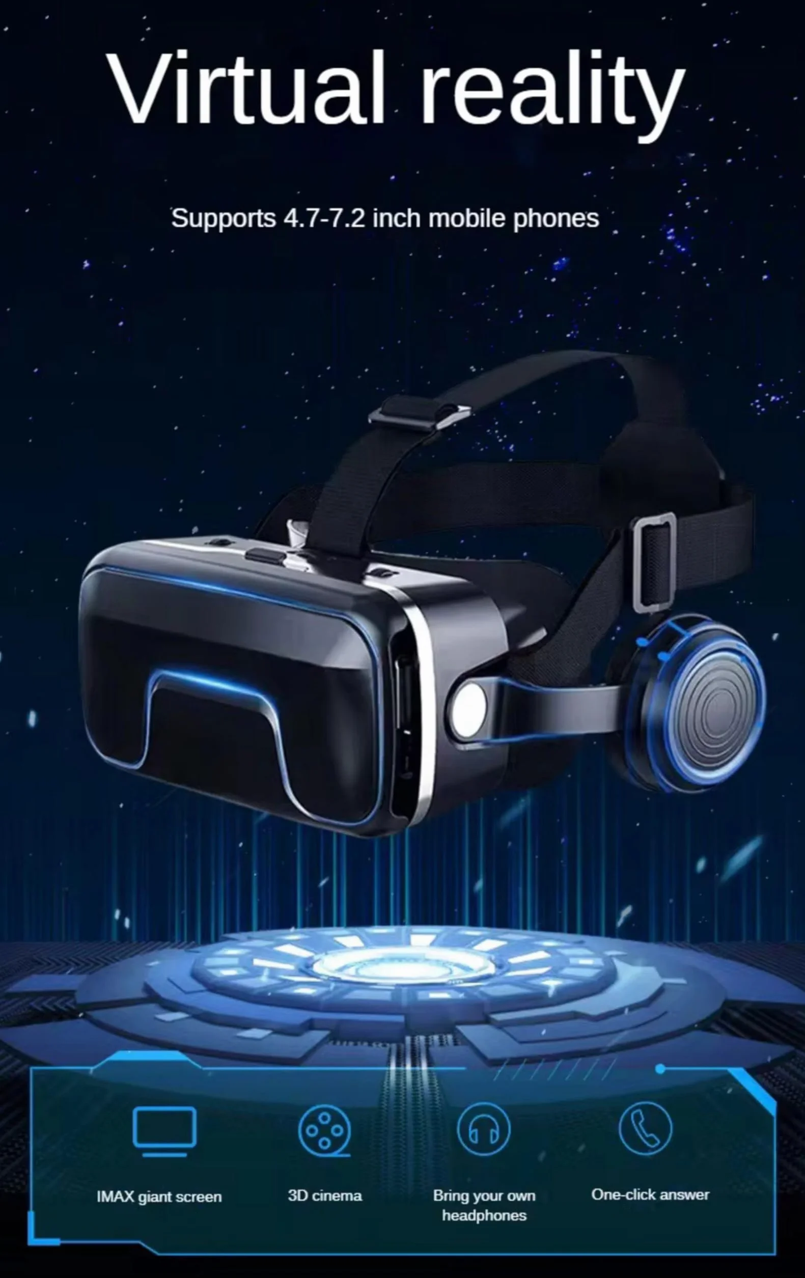 Zestaw VR, okulary wirtualnej rzeczywistości z słuchawkami, uniwersalne okulary wirtualnej rzeczywistości dla smartfonów 5-7.2" iOS Android Windows Graj w filmy 3D i gry wideo, czarny (dla telefonu z