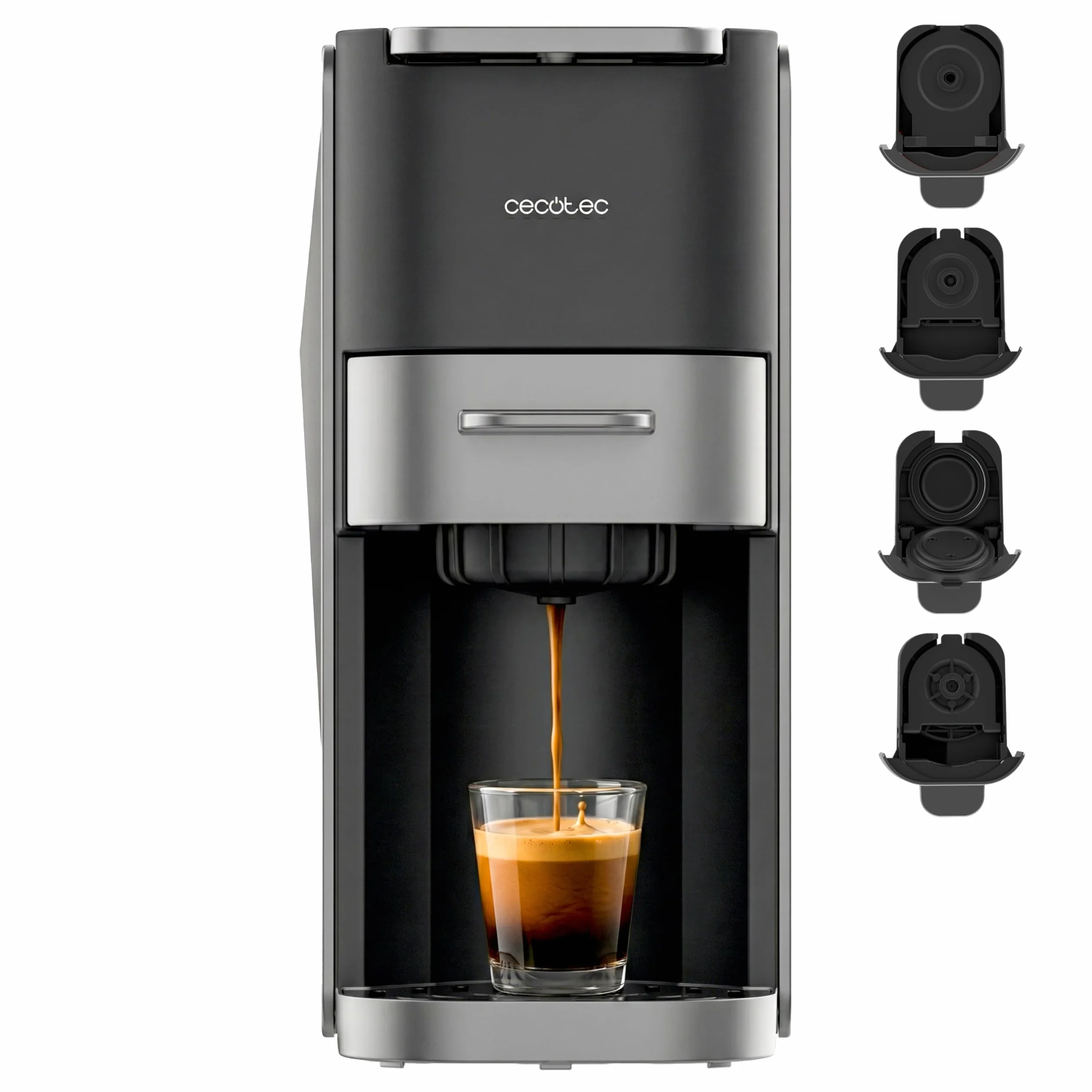 Cecotec Machine à Café Capsules Compacte FreeStyle Compact Dark Roast. 4 en 1, 1350 W, 20 Bars, Compatible avec Café Moulu, Dolce Gusto, Nespresso, ESE pod et Senseo, Réservoir 700 ml