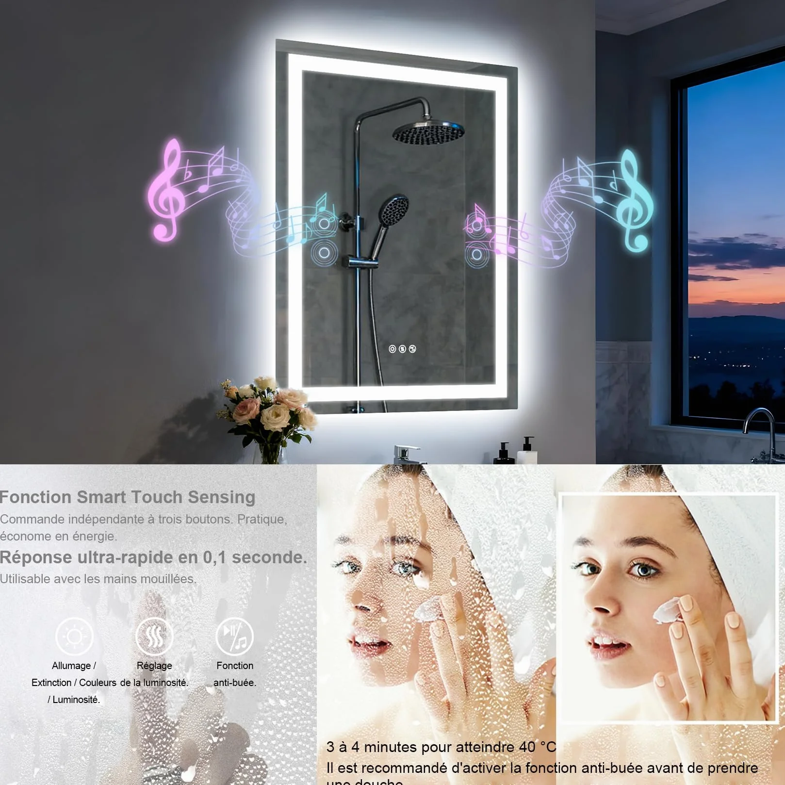 Miroir de Salle de Bain LED avec lumières 60x80cm,Double Haut-Parleur Bluetooth,Anti-buée,3 températures de Couleur,luminosité à intensité Variable,Fonction mémoire,étanche,Support Mural