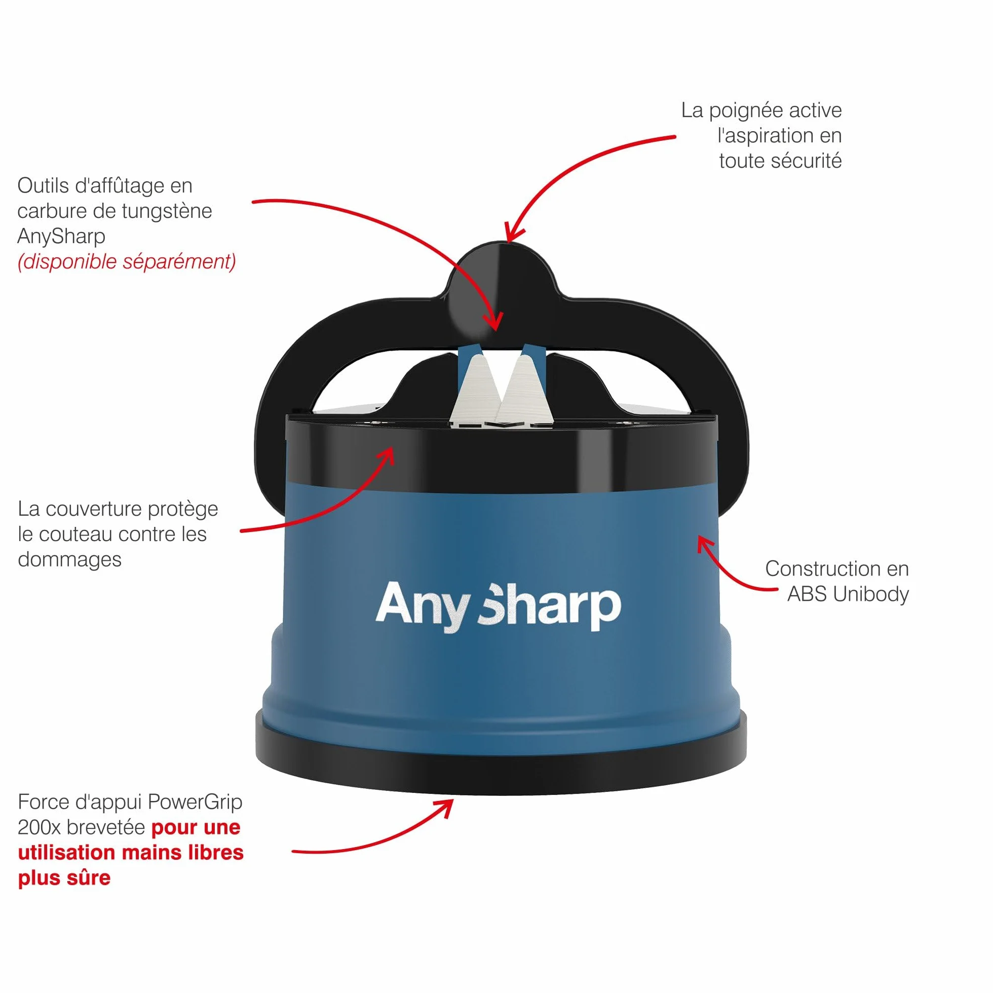 AnySharp Aiguiseur de Couteaux, Sécurité Mains Libres, Ventouse PowerGrip, Bleu