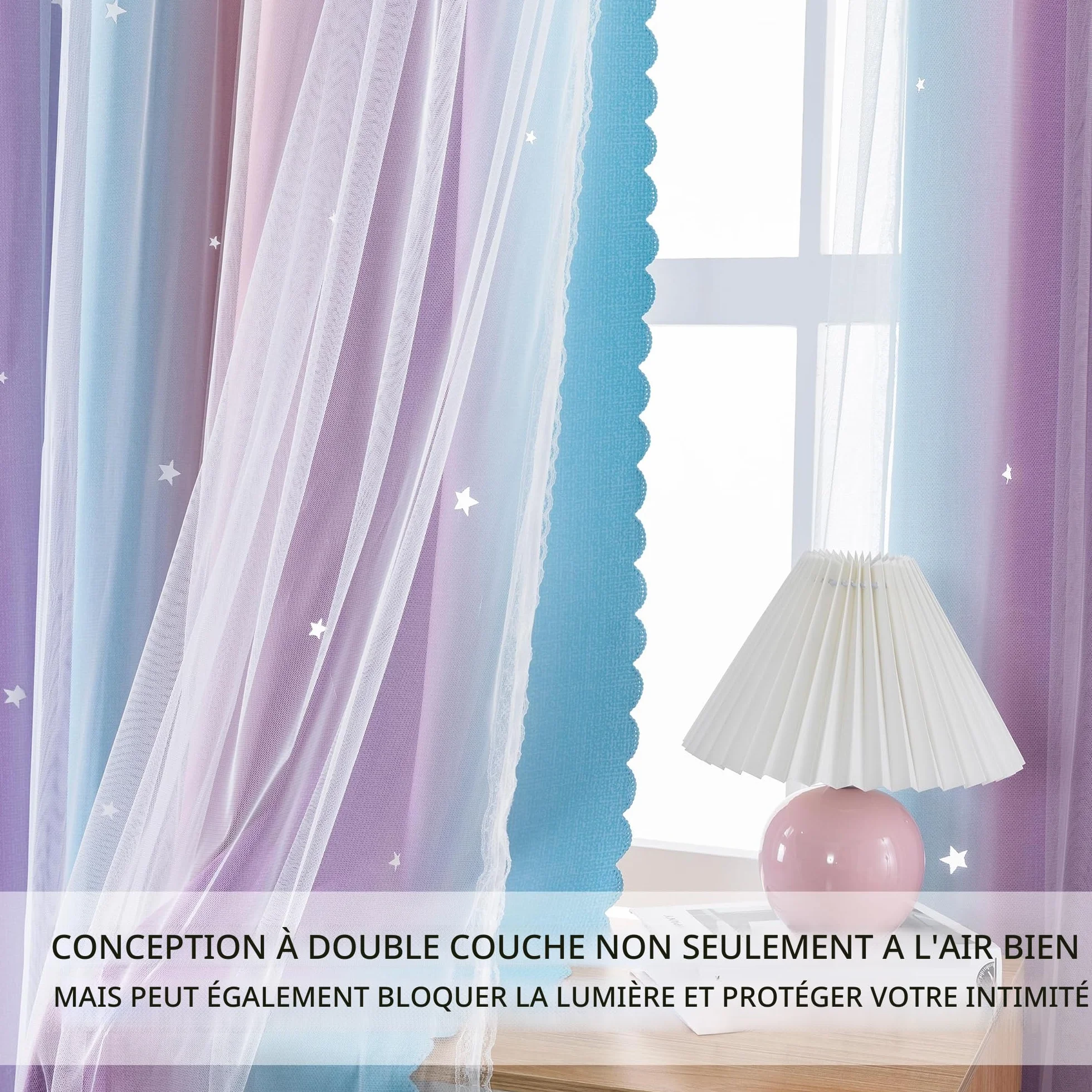 Rideaux Occultants Chambre Enfant XiDi avec Tulle Décoratif Motifs Étoilés 132x213 cm Rose Bleu Violet 2 Pièces