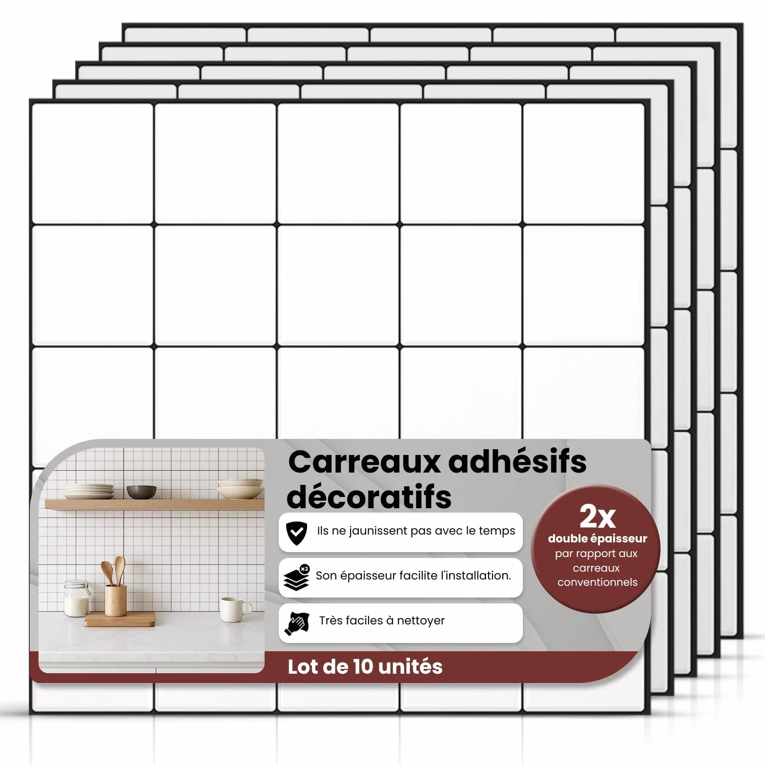 Carrelage Adhésif Mural 30x30cm 10 Pièces Résistant à la Chaleur Facile à Nettoyer
