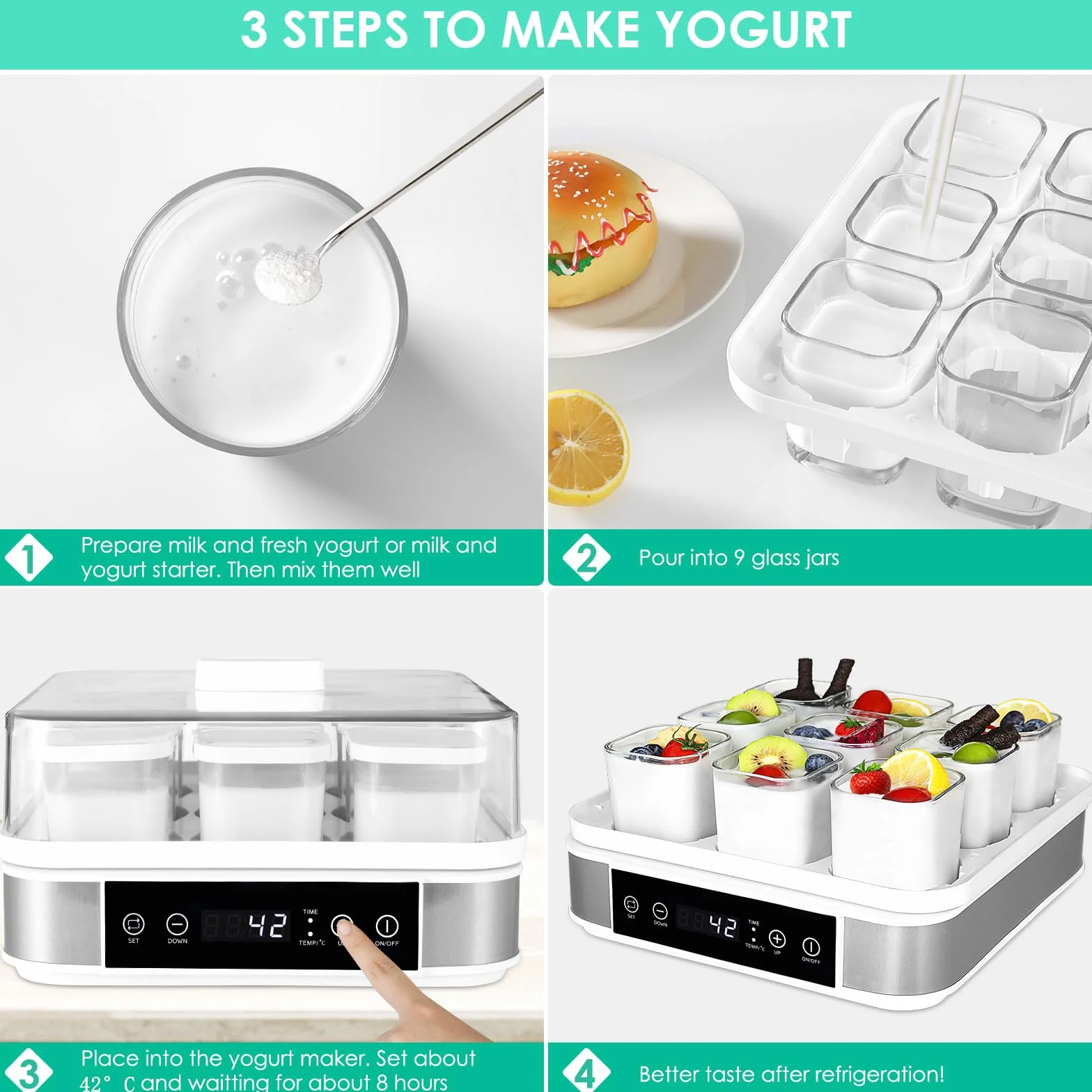 Yaourtière Électrique, Machine à Yaourt, Yaourtière Pratique et Compacte, avec Minuterie, Thermostat Réglable et Écran LED, avec 9 Pots en Verre de 170ml, sans BPA, 40 W