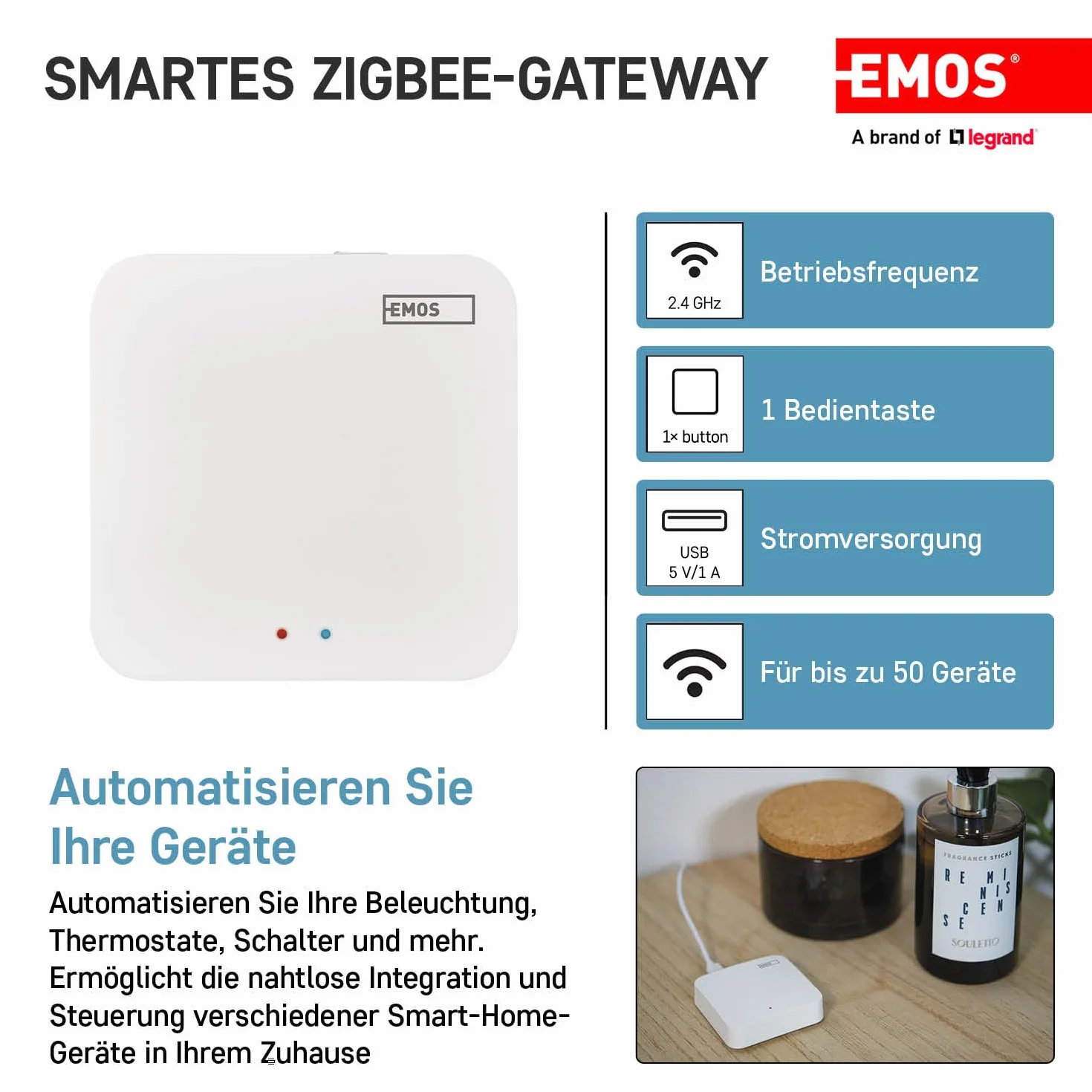 EMOS GoSmart ZigBee Gateway IP-1000Z, Smart Home Hub kompatybilny z Tuya, Smart Life, obsługuje Bluetooth, WiFi 2,4 GHz, 6 x 6 cm, biały