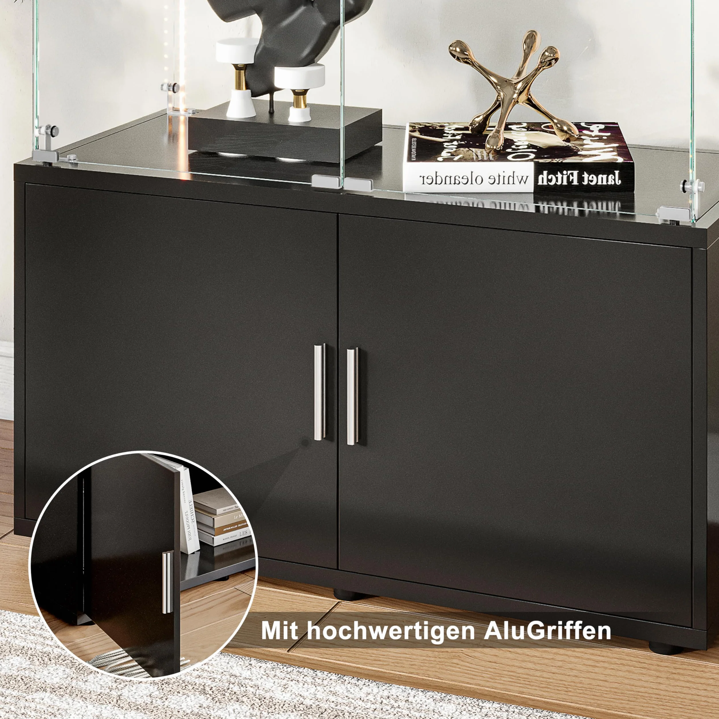 Vitrine d'exposition en verre noir avec 4 étages, vitrines en verre avec serrure, 78,5 × 35 × 164 cm, vitrine en verre vitrine salon avec LED vitrines d'exposition, noir