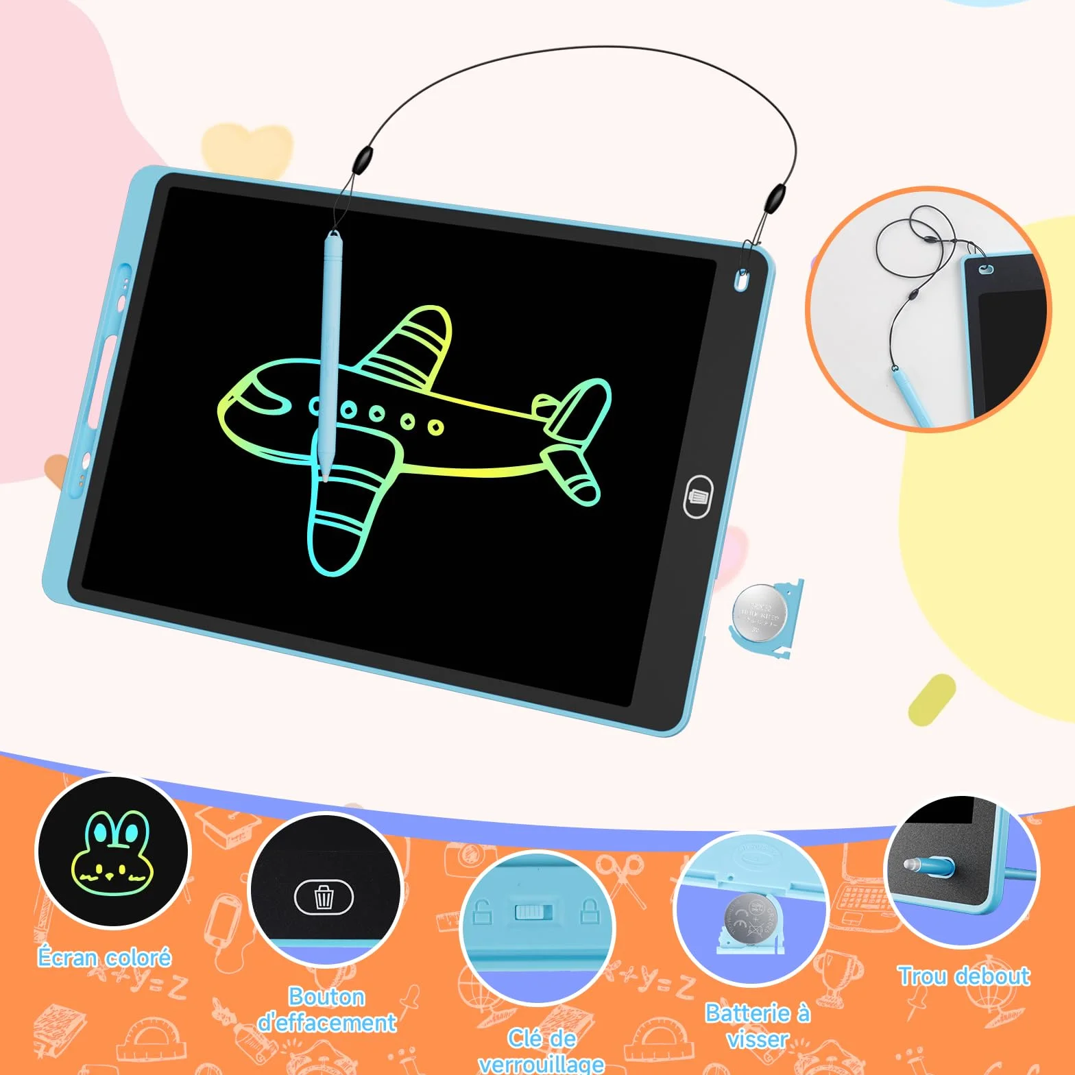 Tablette Dessin Enfant 12 Pouces LCD Colorée Ardoise Magique avec Verrouillage Effacement Jouet Educatif Bleu Rose