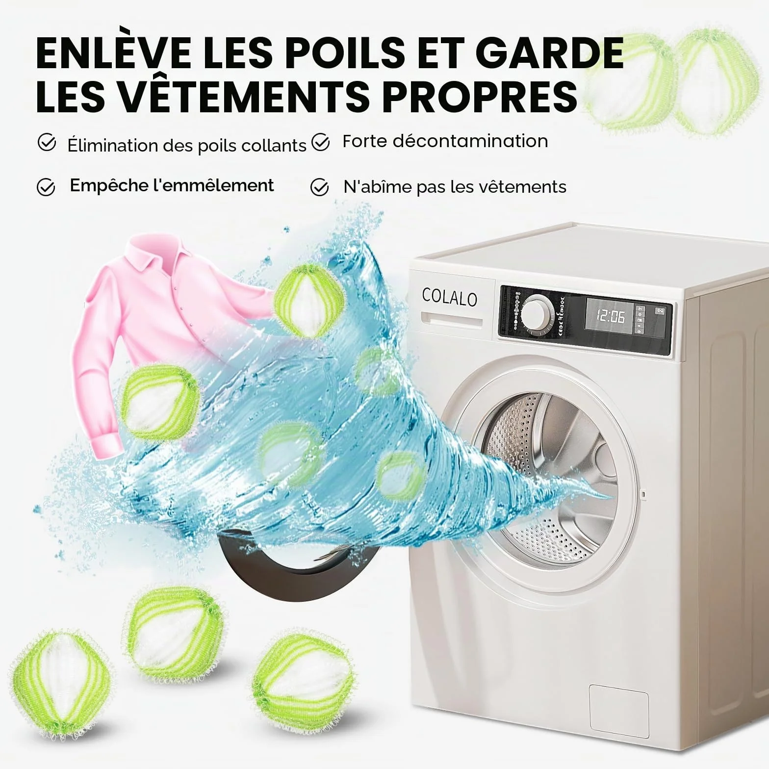 Lot de 12 boules de peluches réutilisables pour enlever les poils d'animaux de chat - Vert