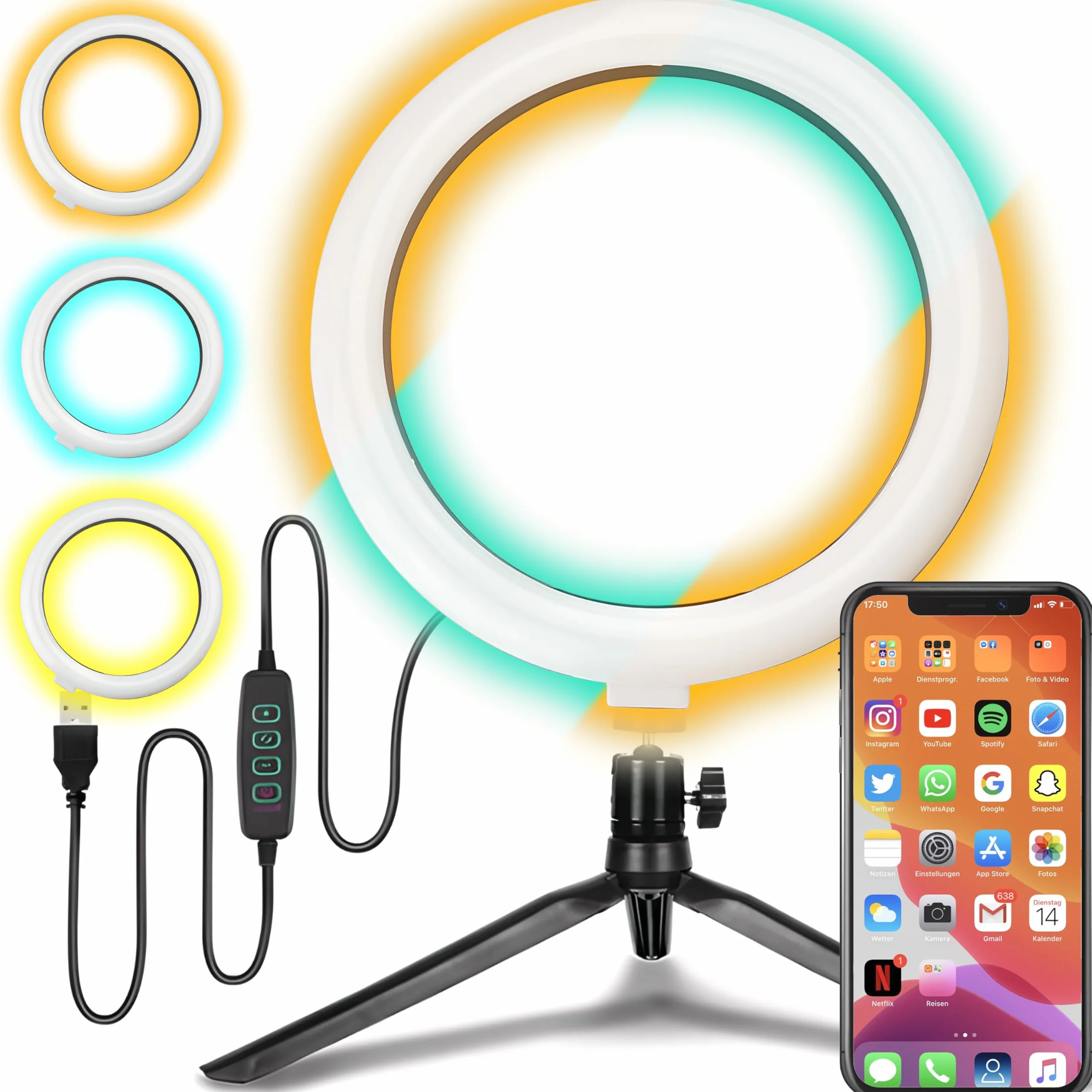 Retoo Lampa pierścieniowa do Selfie Oświetlenie LED Statyw do Nagrywania Wideo Robienia Zdjęć Makijażu Kabel USB Fotografia Średnica 13 cm 3 Tryby Świecenia Moc 7W