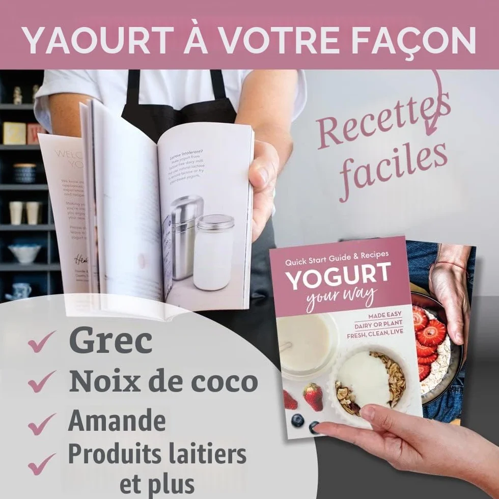 Yaourtière en acier inoxydable avec bocal en verre de 1 quart (0,95 litre) et livre de recettes complet pour faire plus de 12 yaourts faits maison sans produits laitiers et au lait