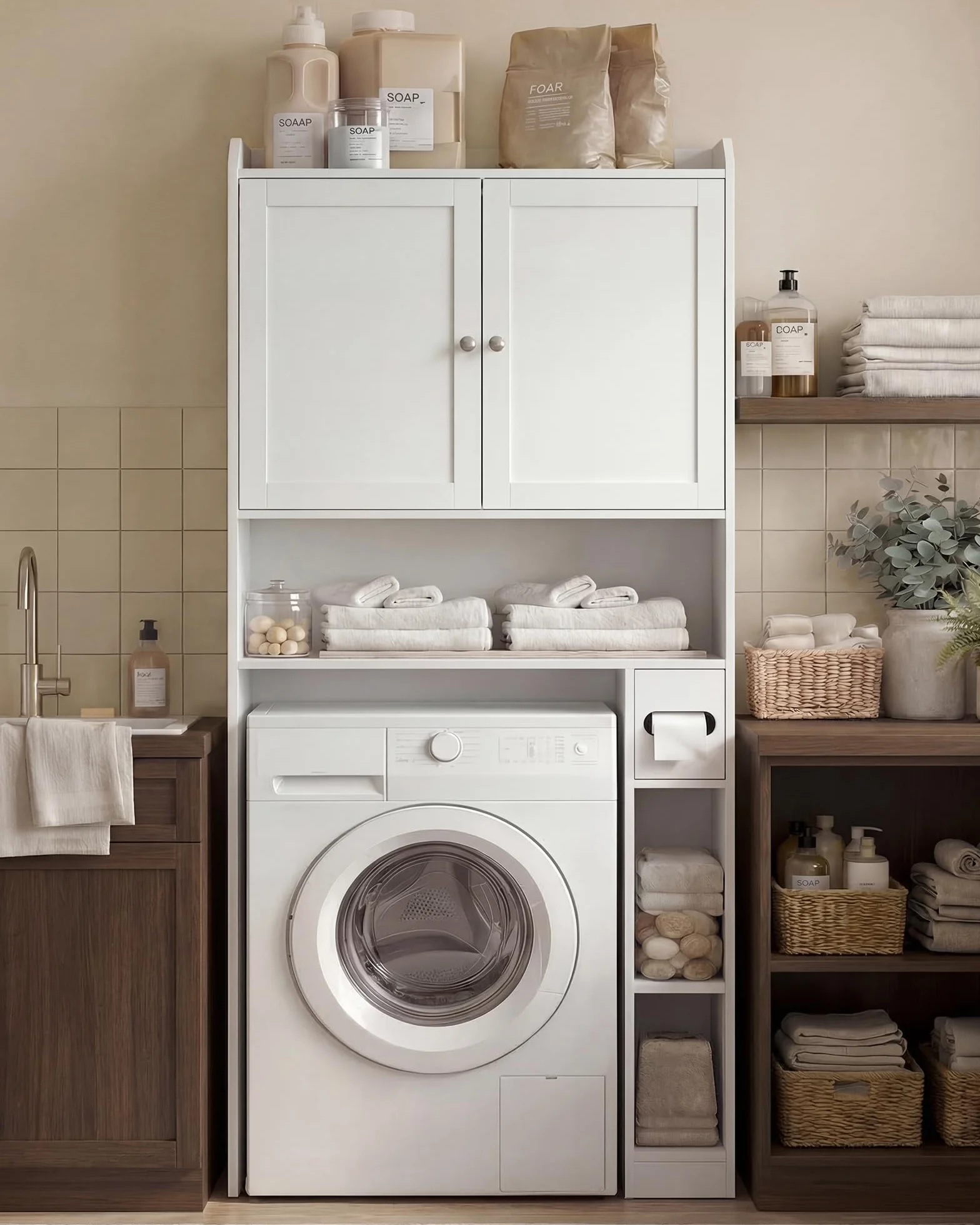 VASAGLE Meuble WC, Armoire pour Machine à Laver, Étagères Ajustables, Économie d’Espace, Adapté à la Plupart des Toilettes, Moderne, 20 x 79,1 x 170 cm, Blanc Nuage BTS018W01V1