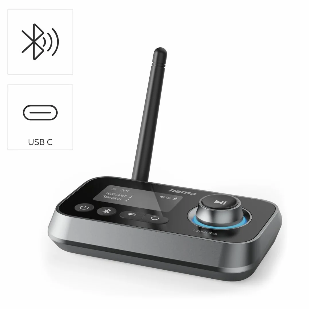 Hama TRANSMITER BLUETOOTH LINK IT Duo, Adapter 2w1, Nadajnik i Odbiornik Bluetooth, Zasięg do 10m, Złącza Jack 3,5mm i USB-C, Czarny