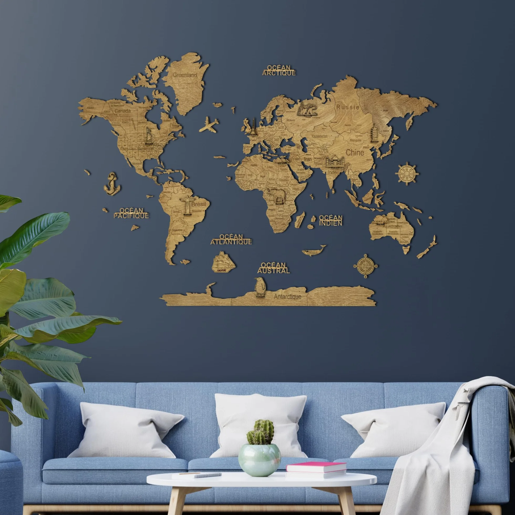 Carte du Monde Murale en Bois 2D – Mappemonde Bois Décorative | Planisphère Mural | Wooden World Map | Décoration Murale Salon Bureau | Idée Cadeau Voyageur (Dark, 100L x 70l cm)