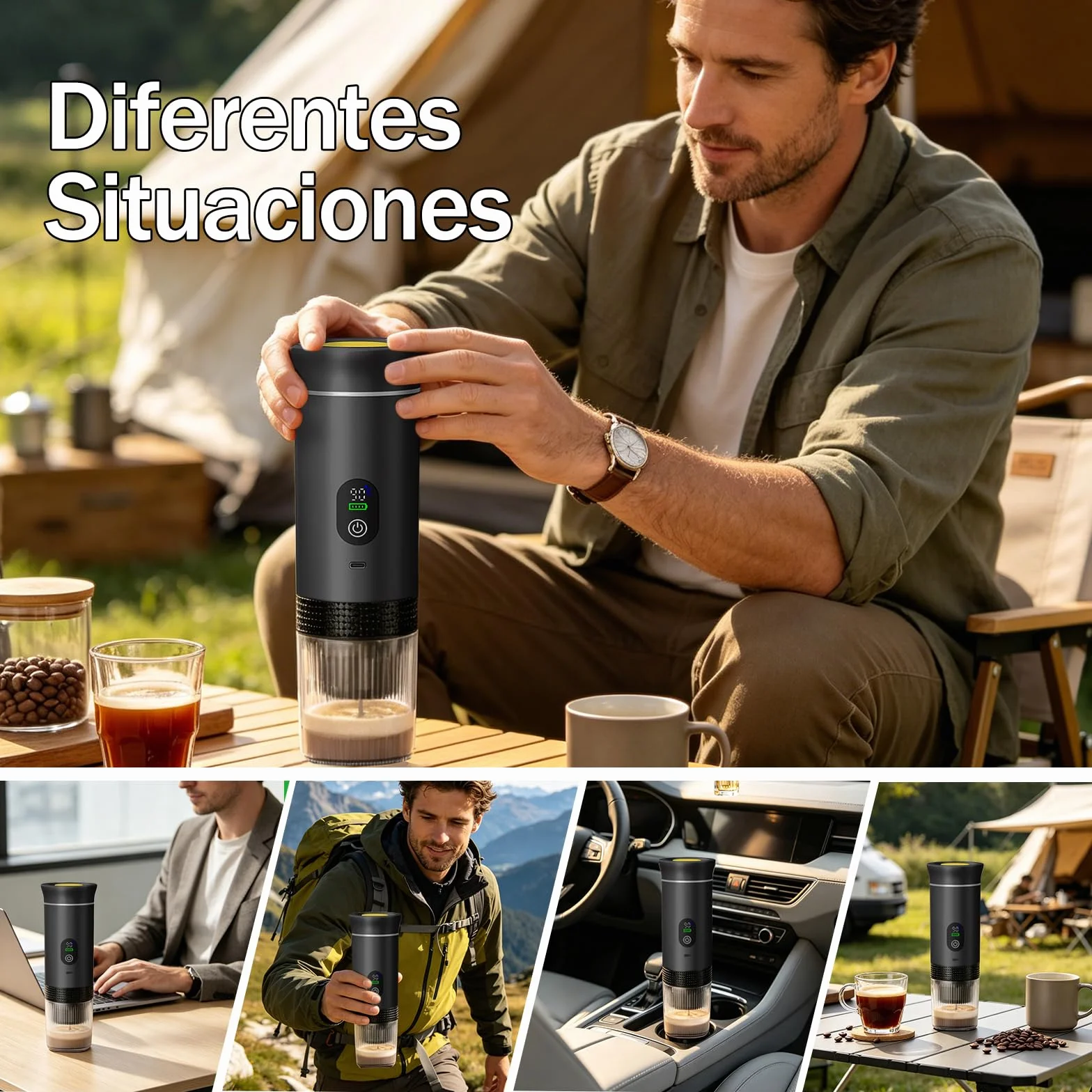 Machine à Cafe Portable,3 En 1 Cafetière à Expresso Chauffage Électrique,Rechargeable,Pour Camping et Voiture,Chauffage Rapide,compatible avec Capsules K-Cup et café moulu,Pour voyage